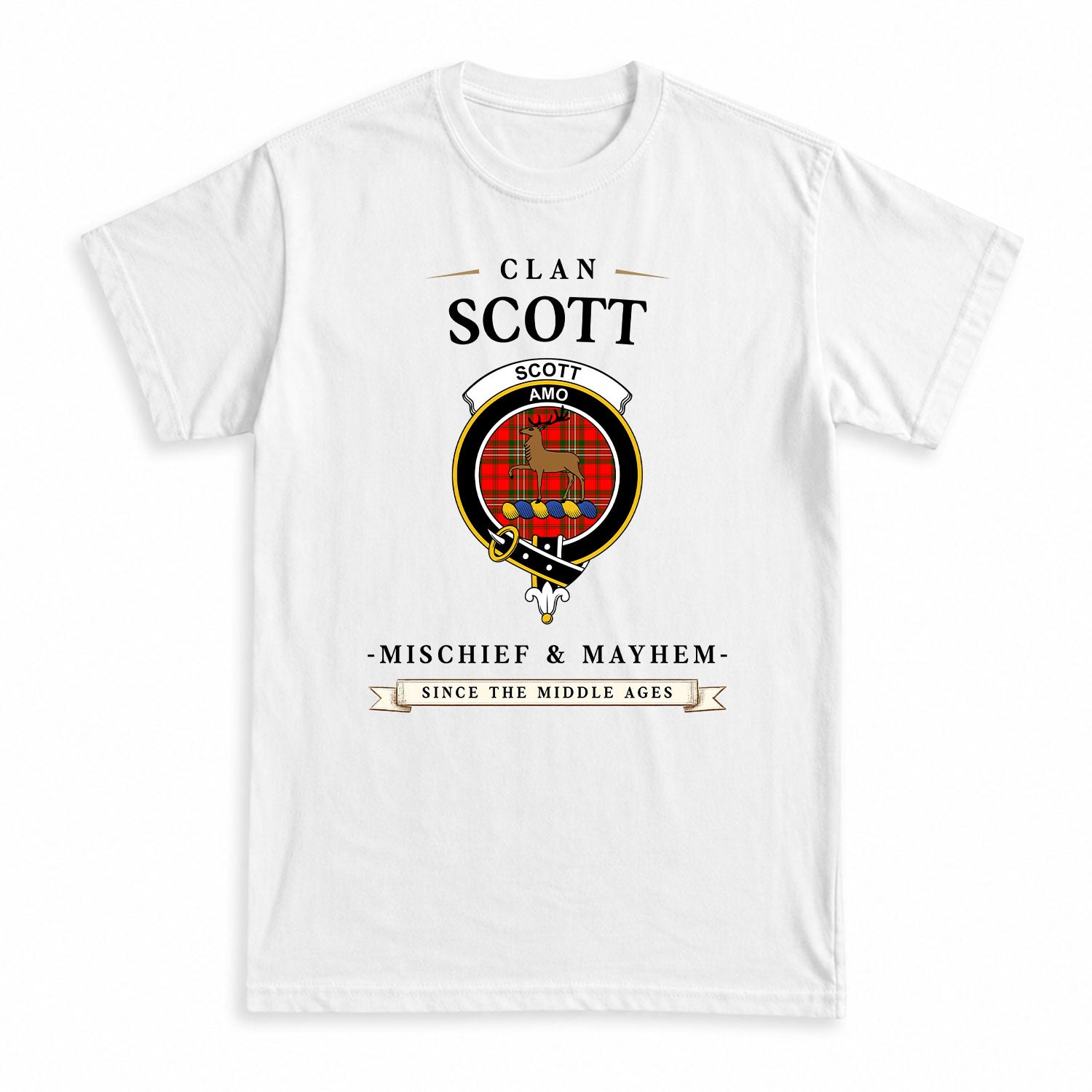 Scott Modern Tartan Crest Mischief and Mayhem T-shirt