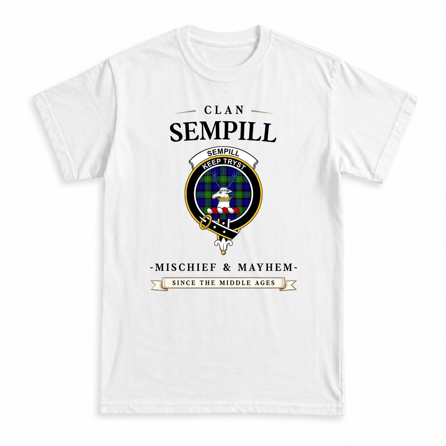 Sempill Modern Tartan Crest Mischief and Mayhem T-shirt