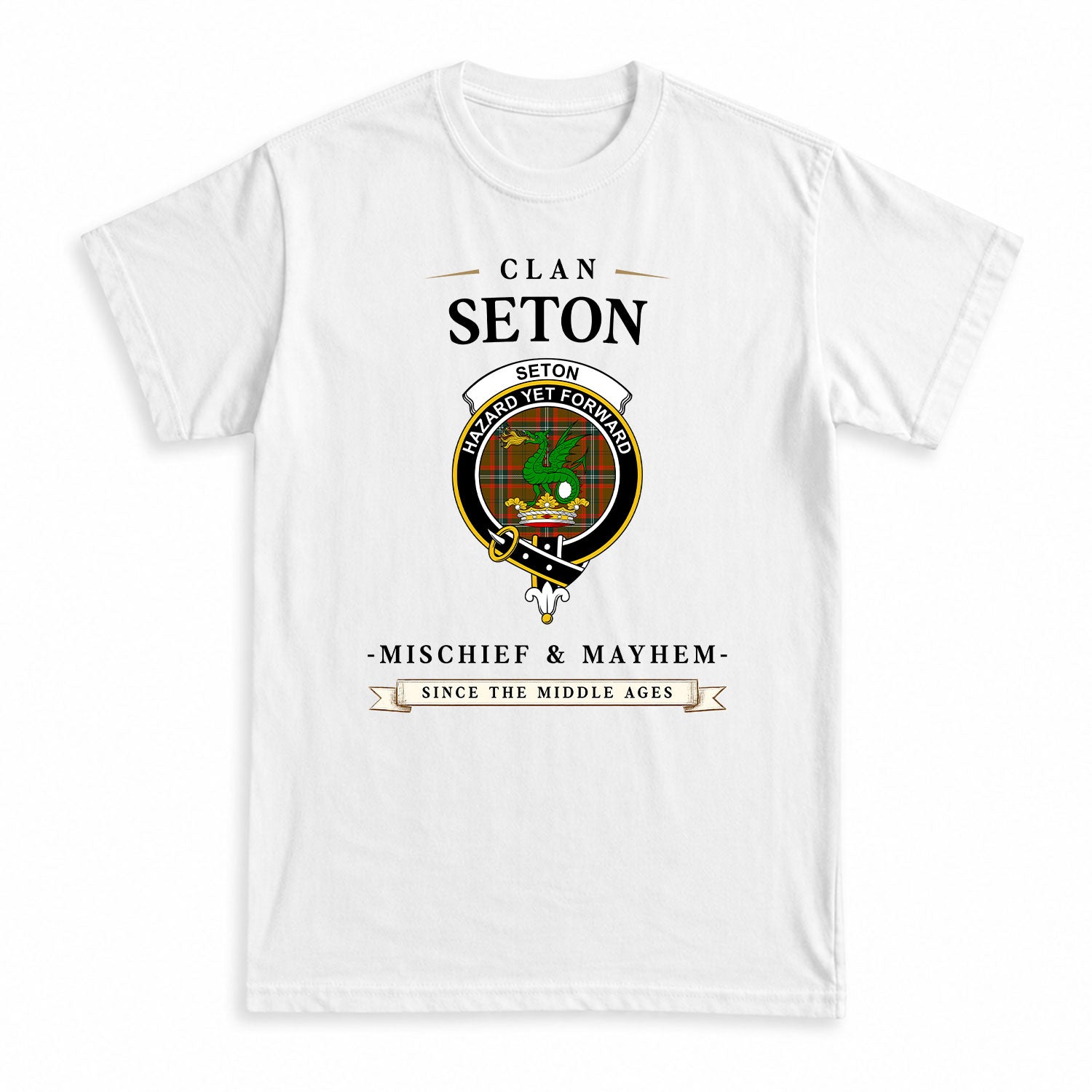 Seton Hunting Modern Tartan Crest Mischief and Mayhem T-shirt