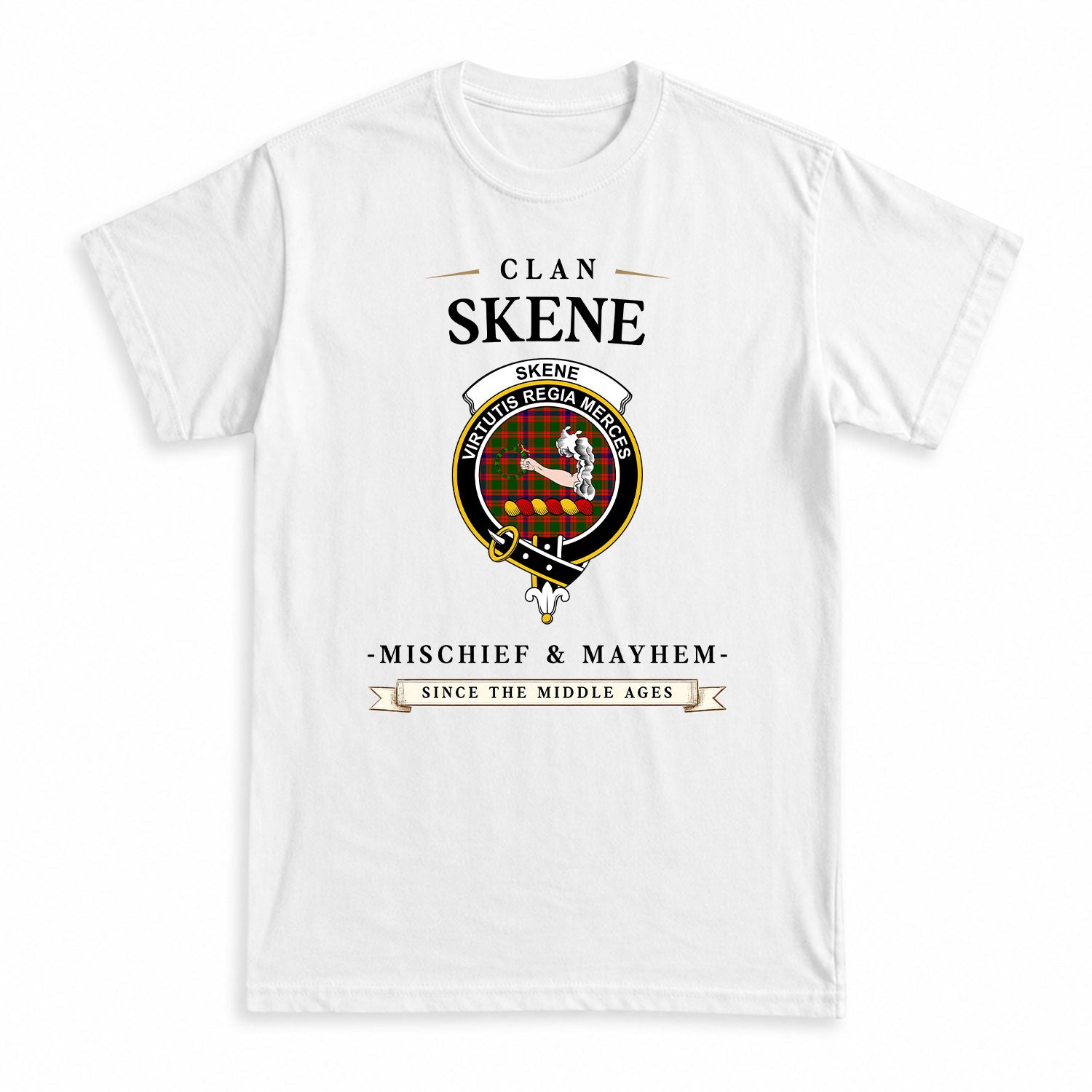 Skene Modern Tartan Crest Mischief and Mayhem T-shirt