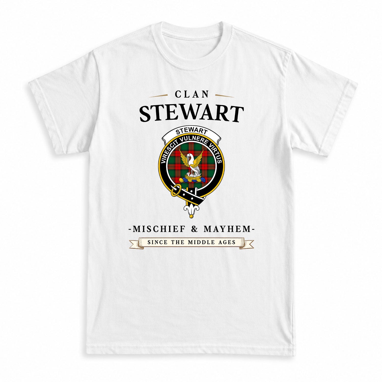 Stewart Atholl Modern Tartan Crest Mischief and Mayhem T-shirt