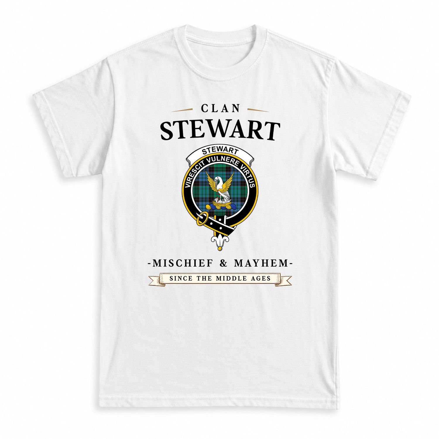 Stewart Old Ancient Tartan Crest Mischief and Mayhem T-shirt