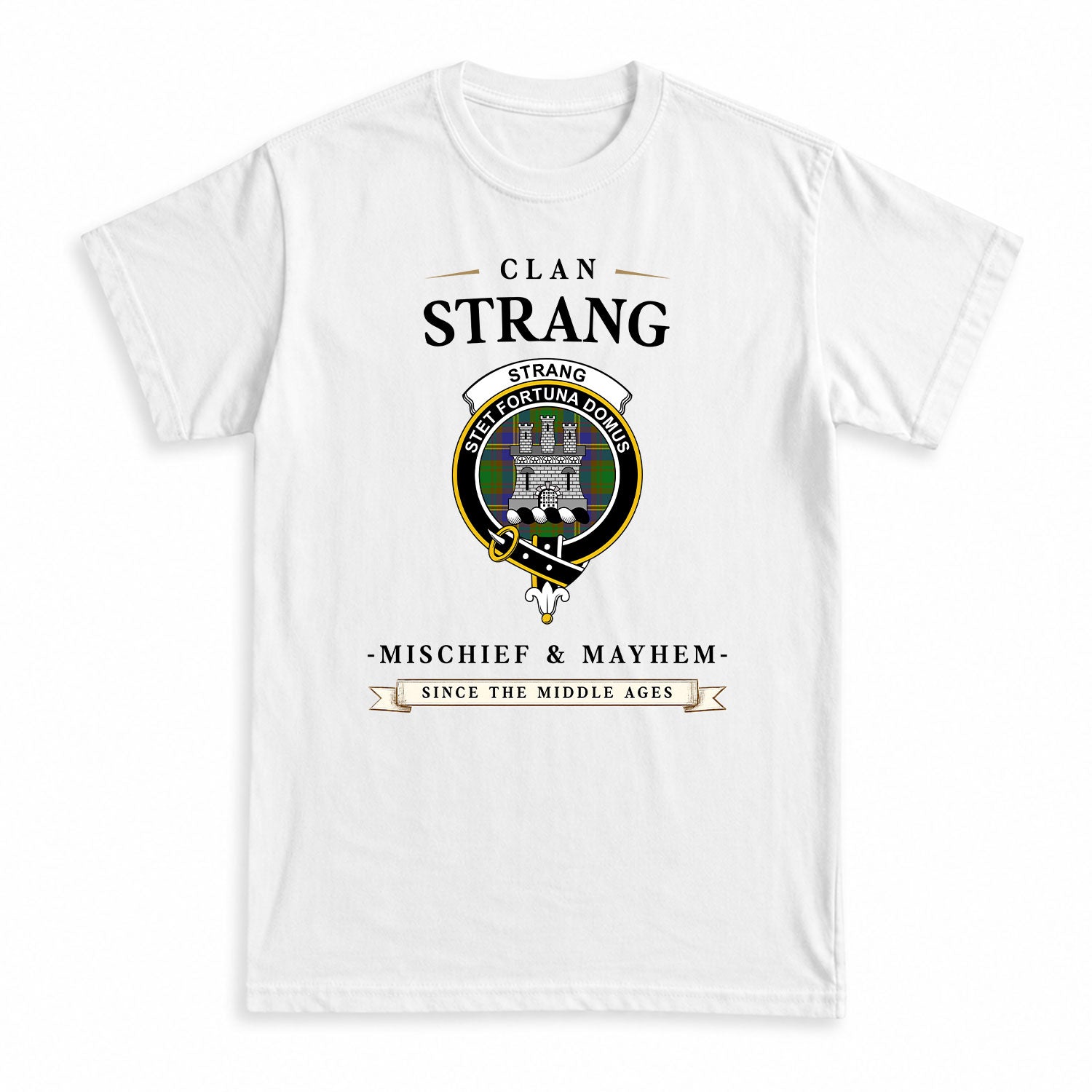 Strang (or Strange) Tartan Crest Mischief and Mayhem T-shirt