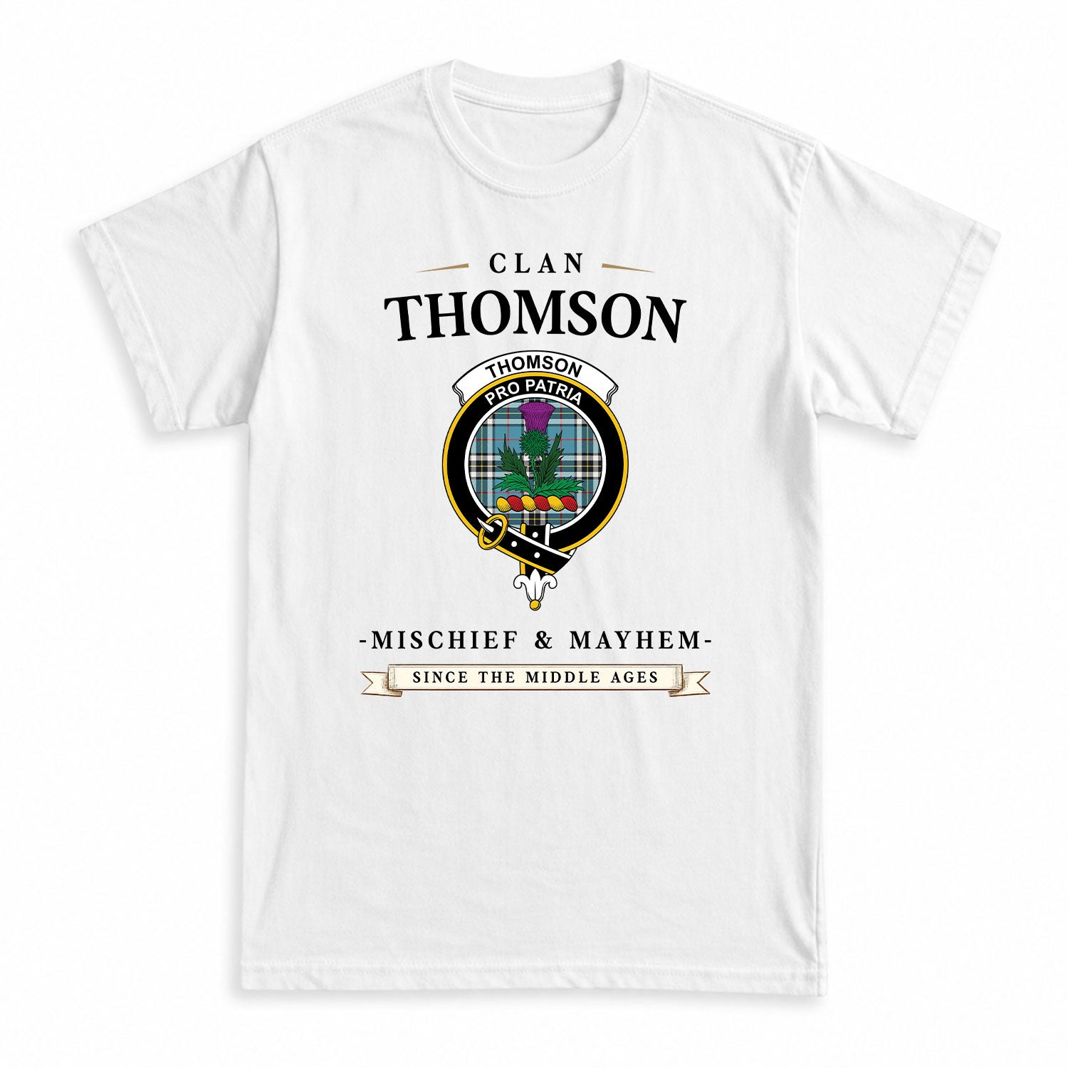 Thomson Blue Tartan Crest Mischief and Mayhem T-shirt