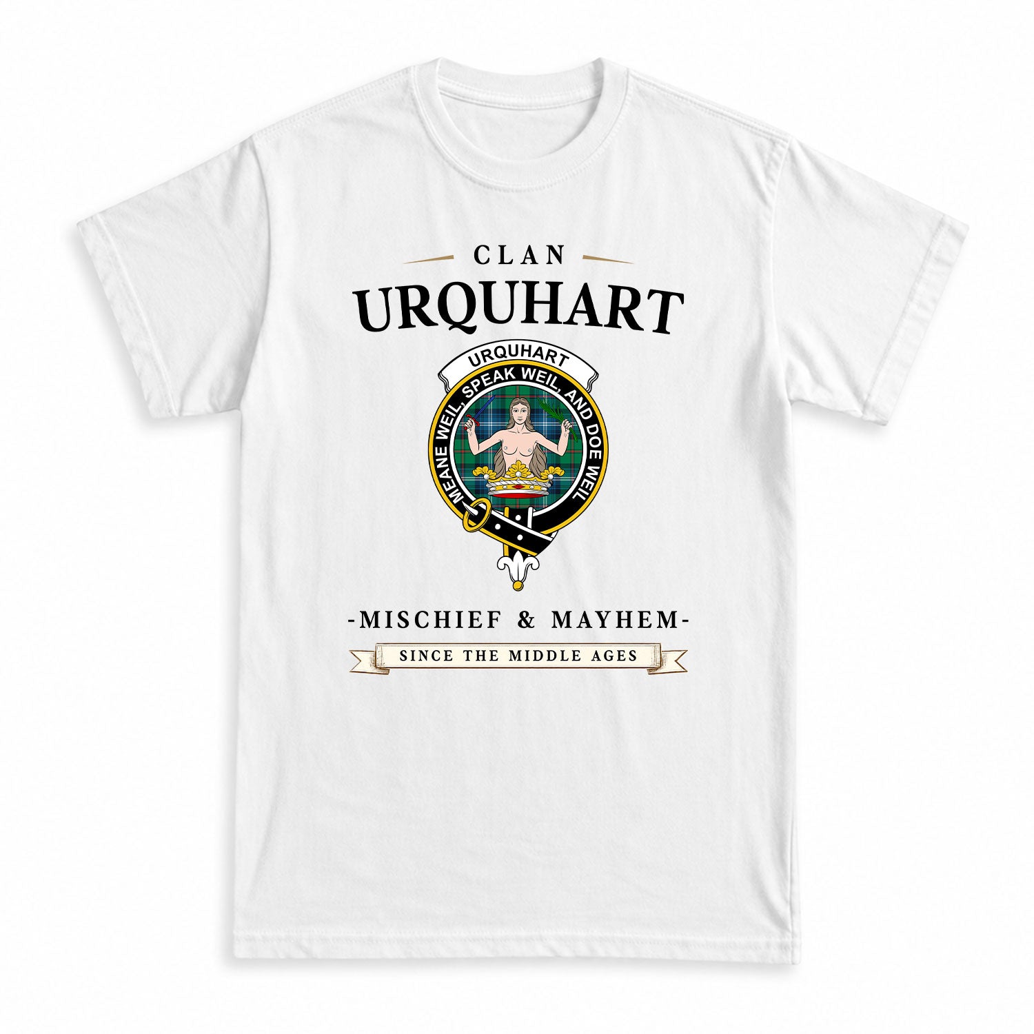 Urquhart Ancient Tartan Crest Mischief and Mayhem T-shirt