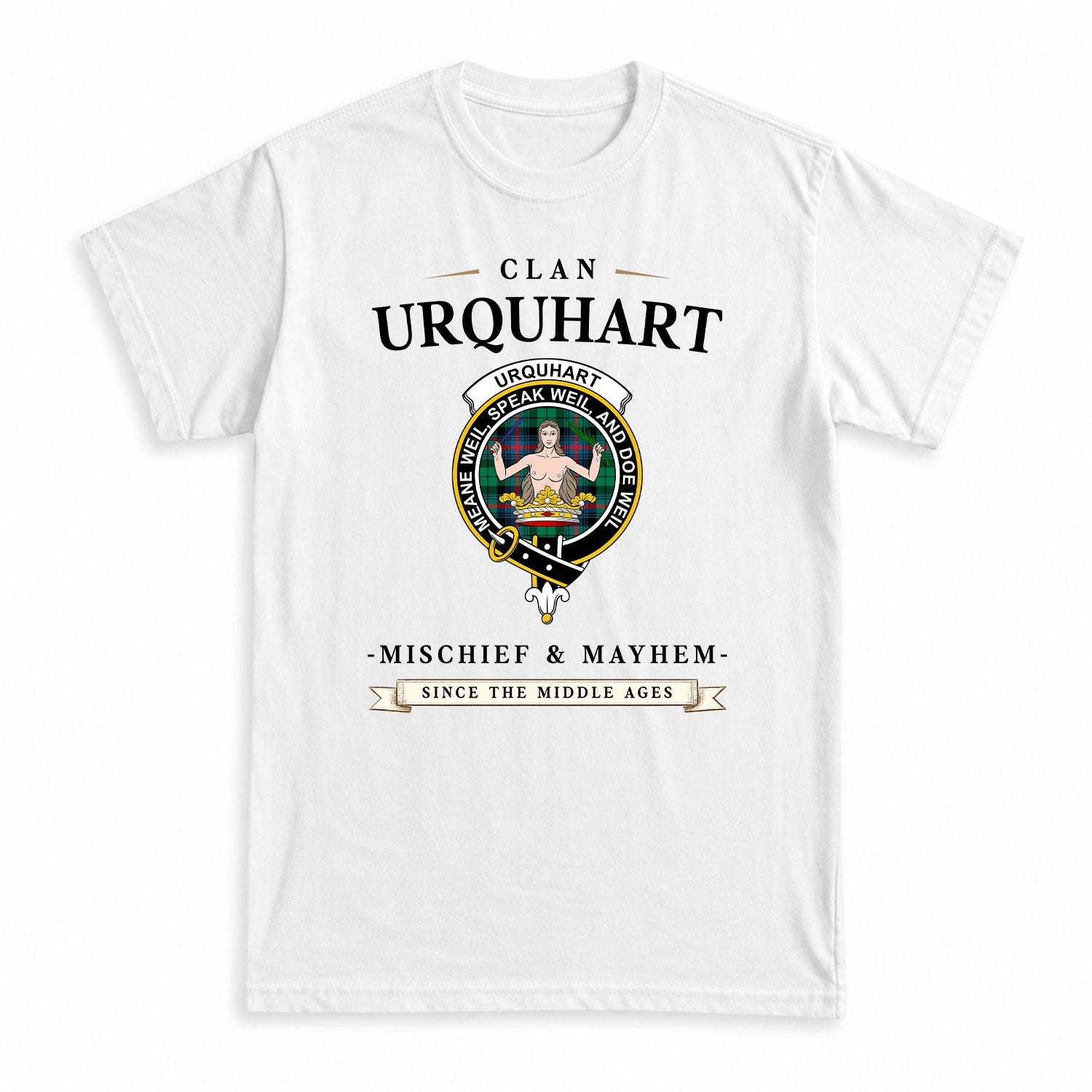 Urquhart Broad Red Ancient Tartan Crest Mischief and Mayhem T-shirt