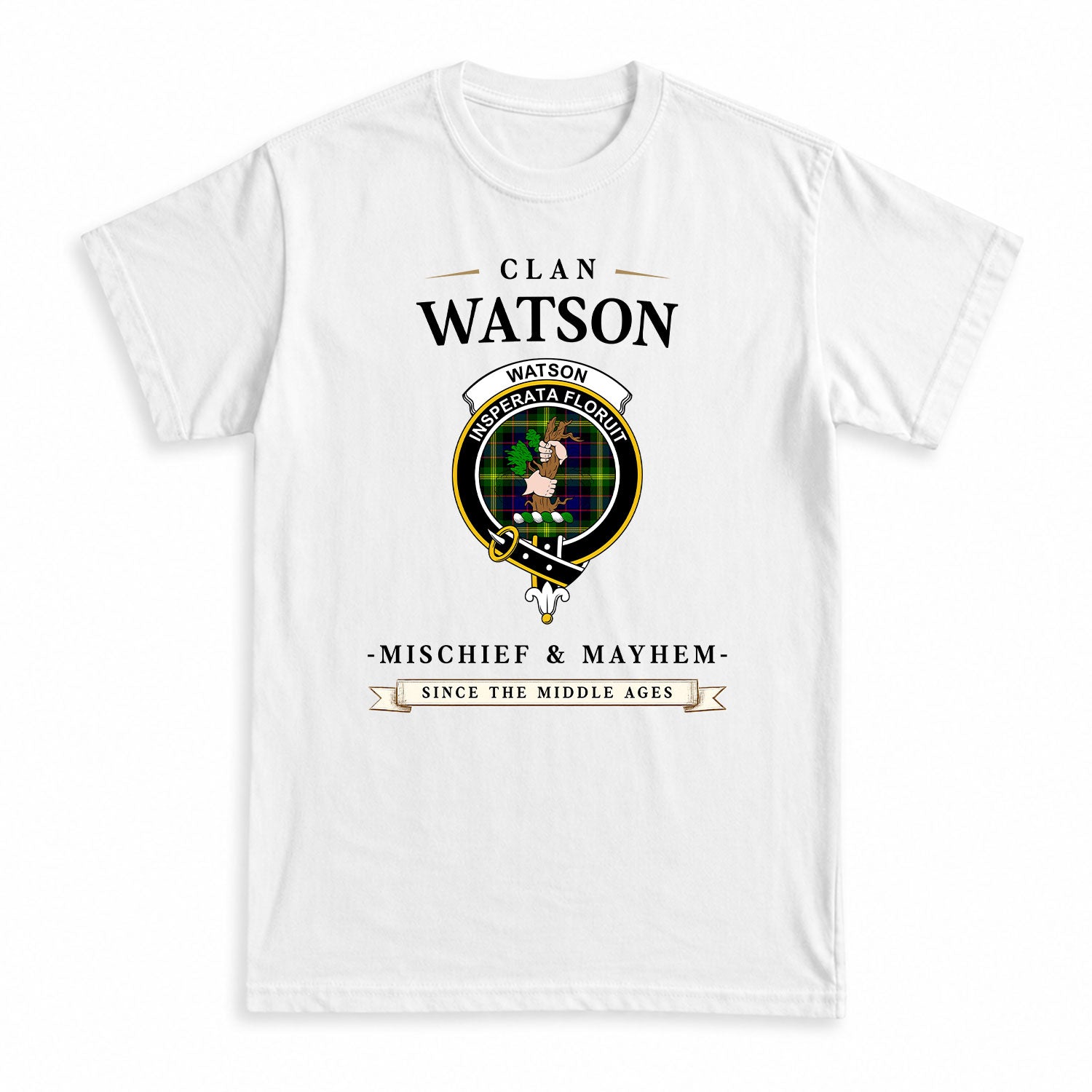 Watson Modern Tartan Crest Mischief and Mayhem T-shirt