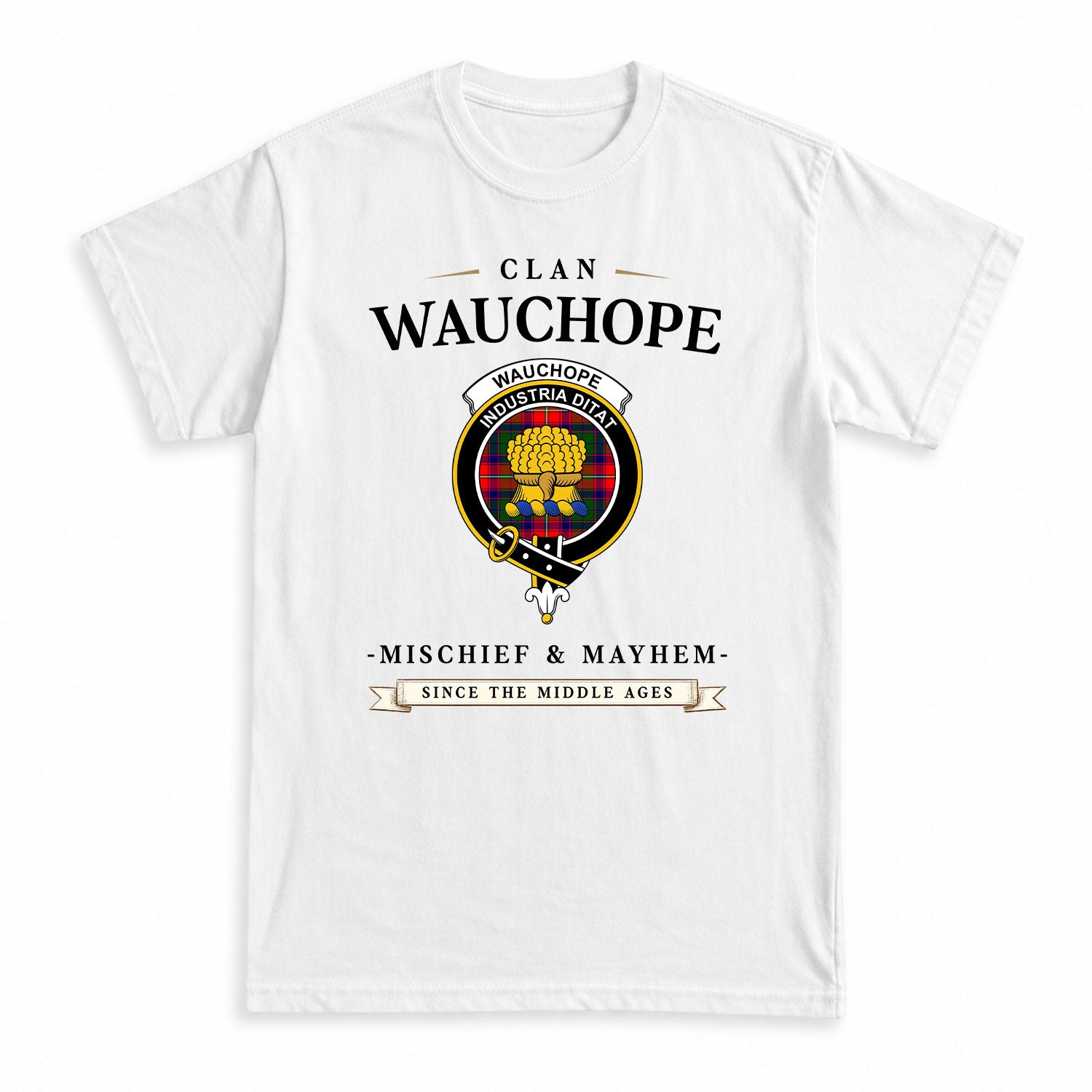 Wauchope (or Waugh) Tartan Crest Mischief and Mayhem T-shirt