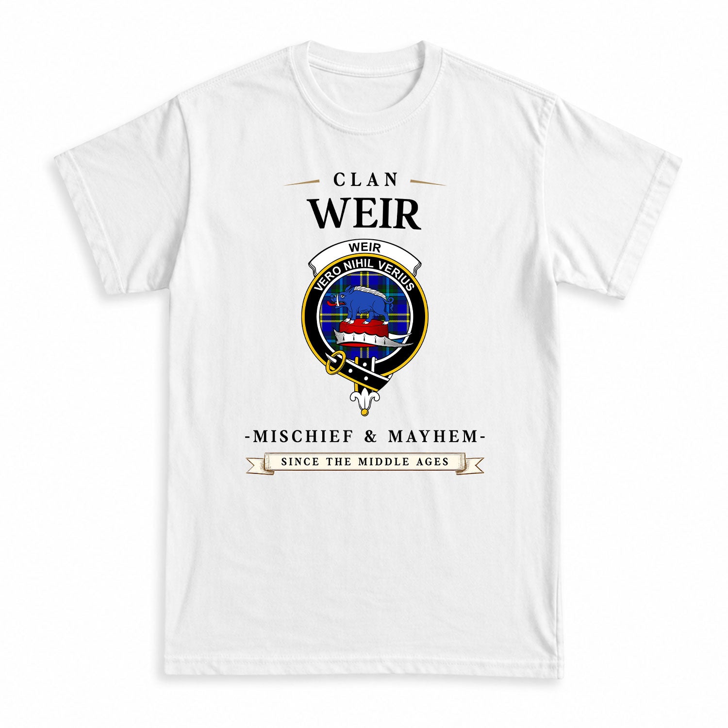 Weir Modern Tartan Crest Mischief and Mayhem T-shirt