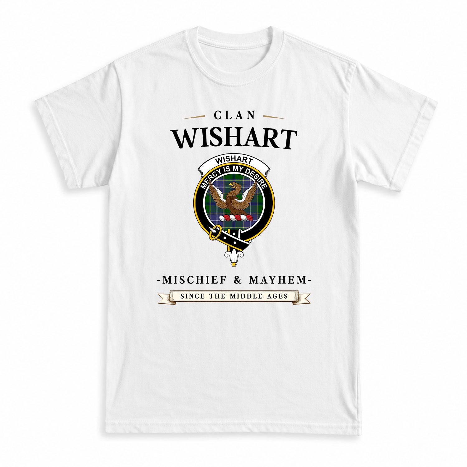 Wishart Hunting Tartan Crest Mischief and Mayhem T-shirt