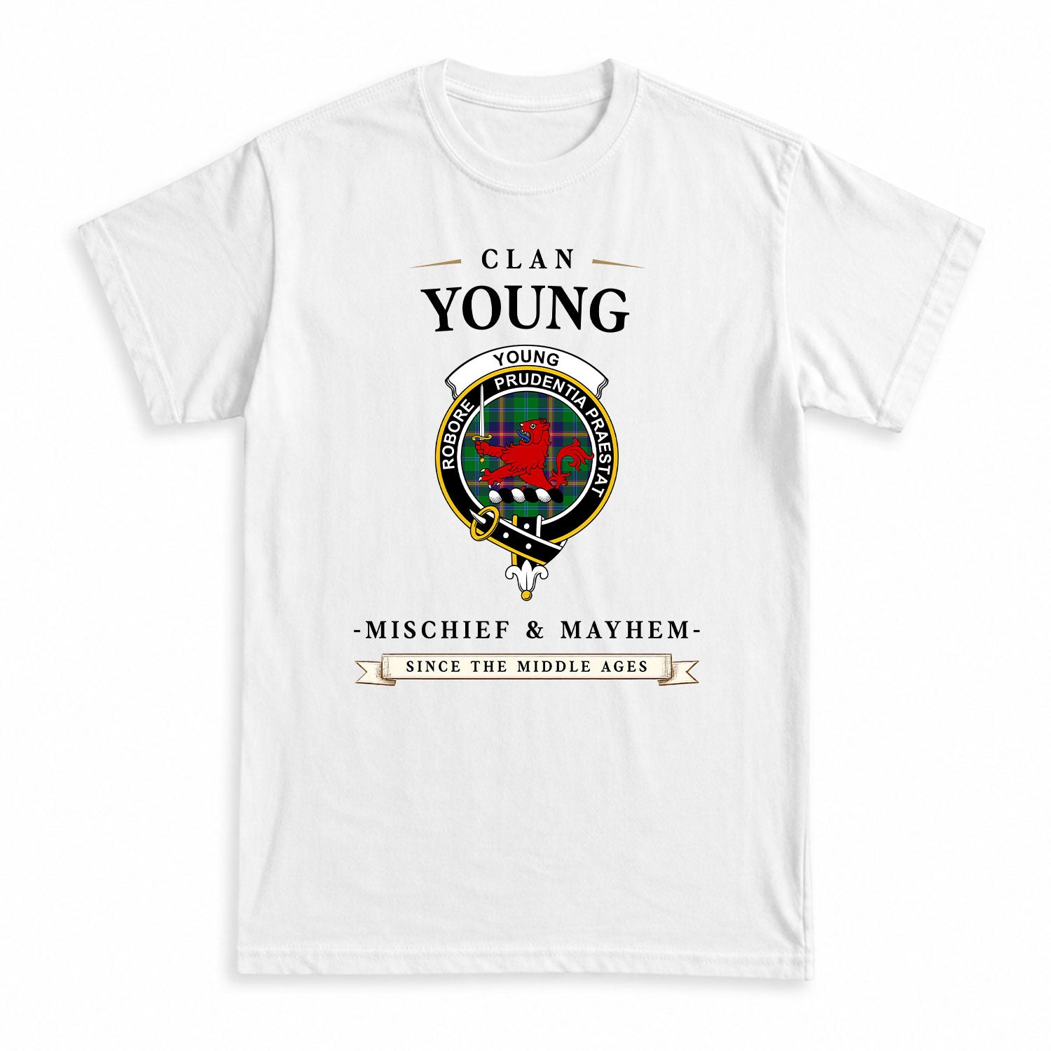 Young Modern Tartan Crest Mischief and Mayhem T-shirt