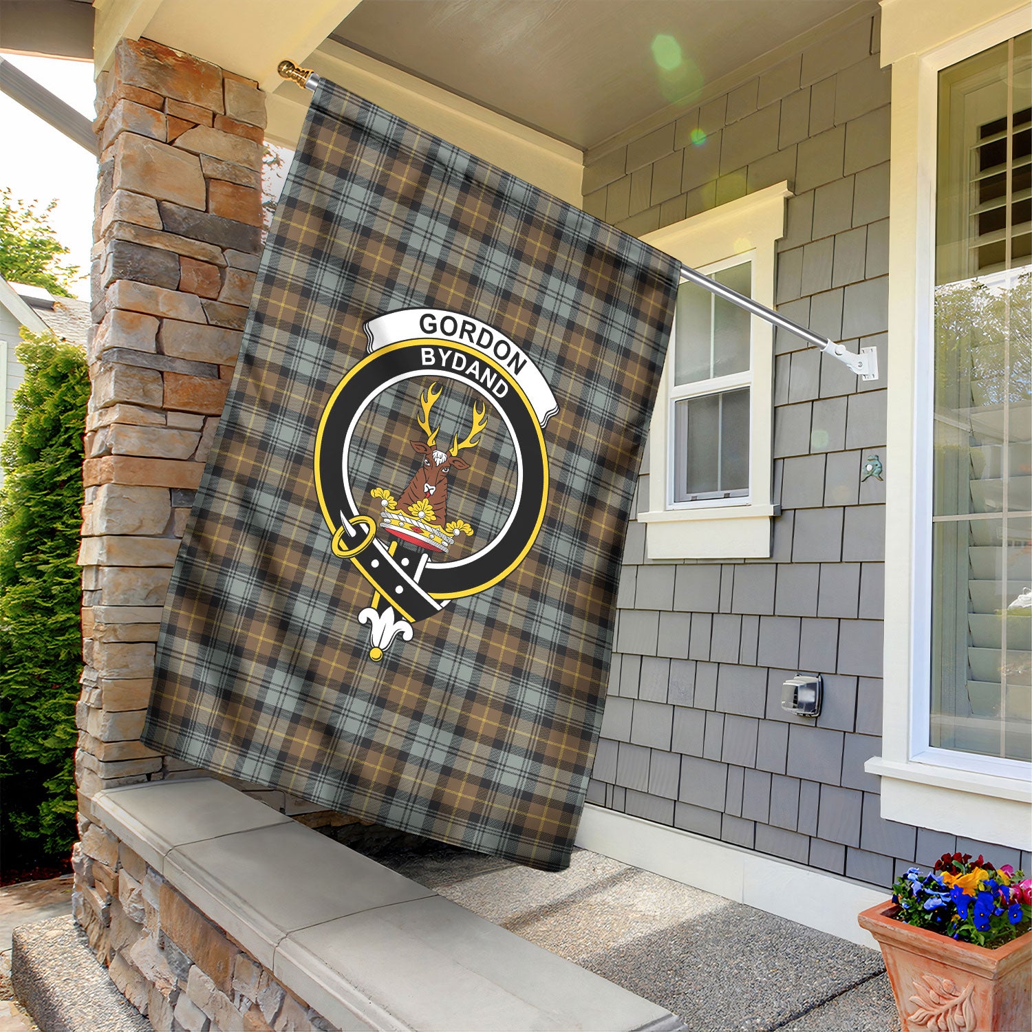 Gordon Weathered Tartan Crest Garden Flag