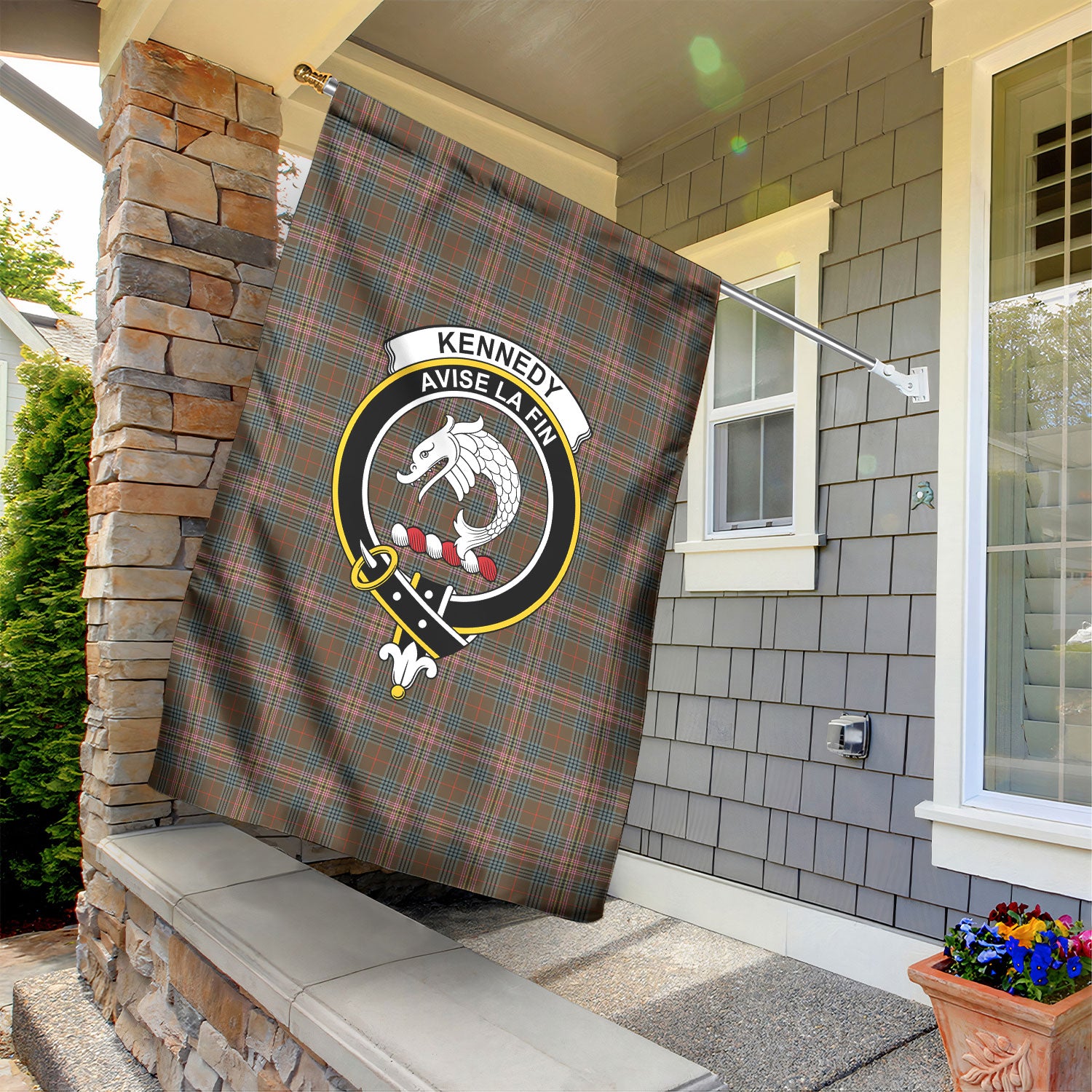 Kennedy Weathered Tartan Crest Garden Flag