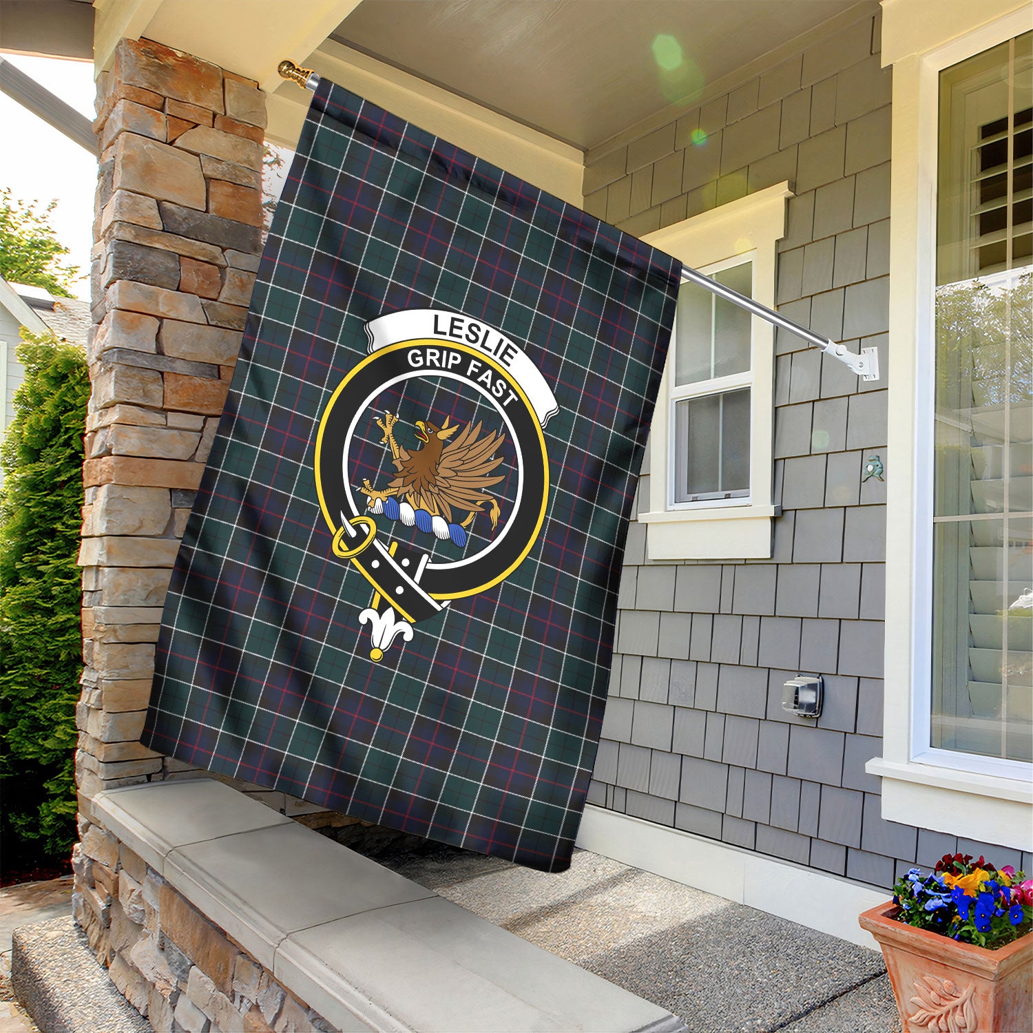 Leslie Hunting Modern Tartan Crest Garden Flag