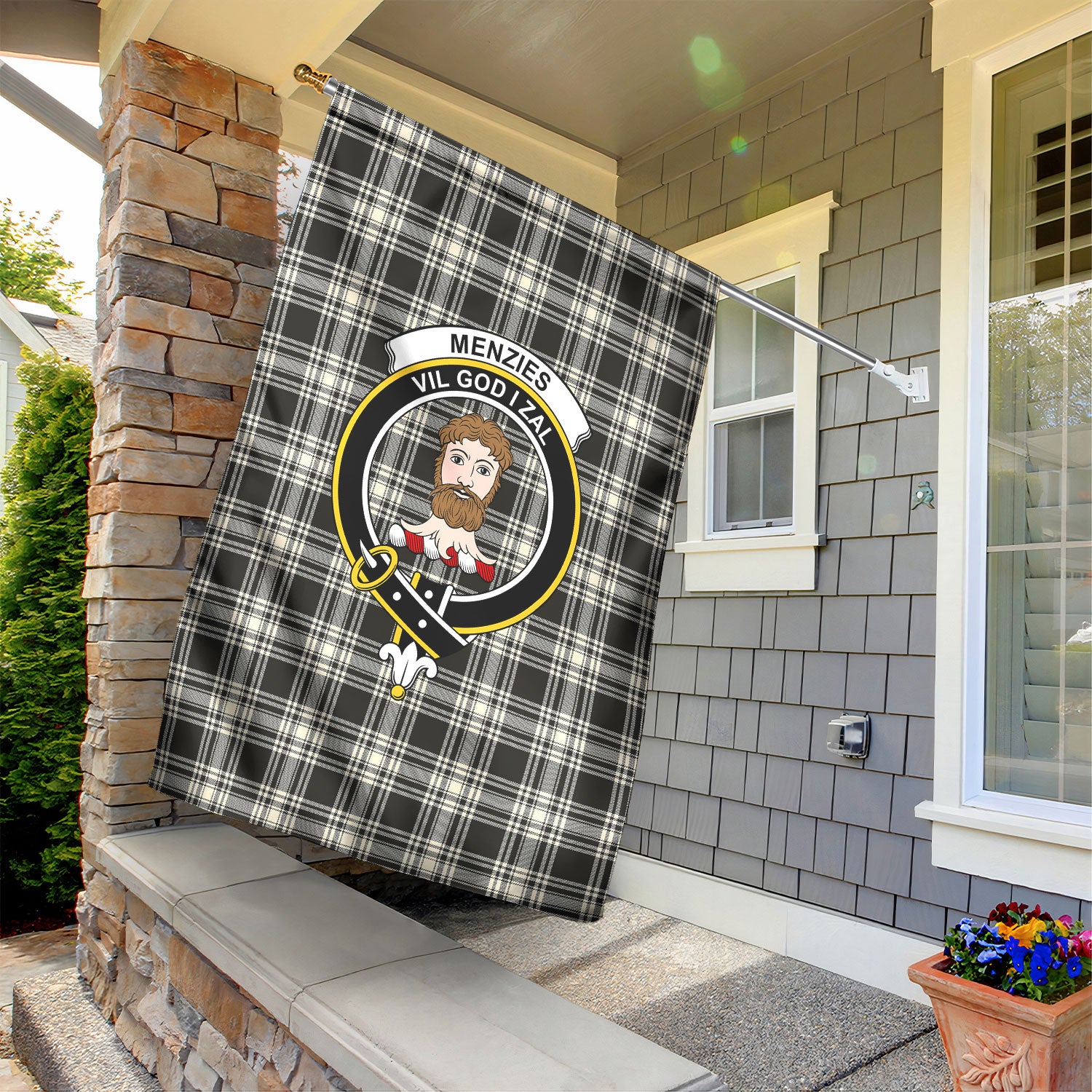 Menzies Black - White Ancient Tartan Crest Garden Flag