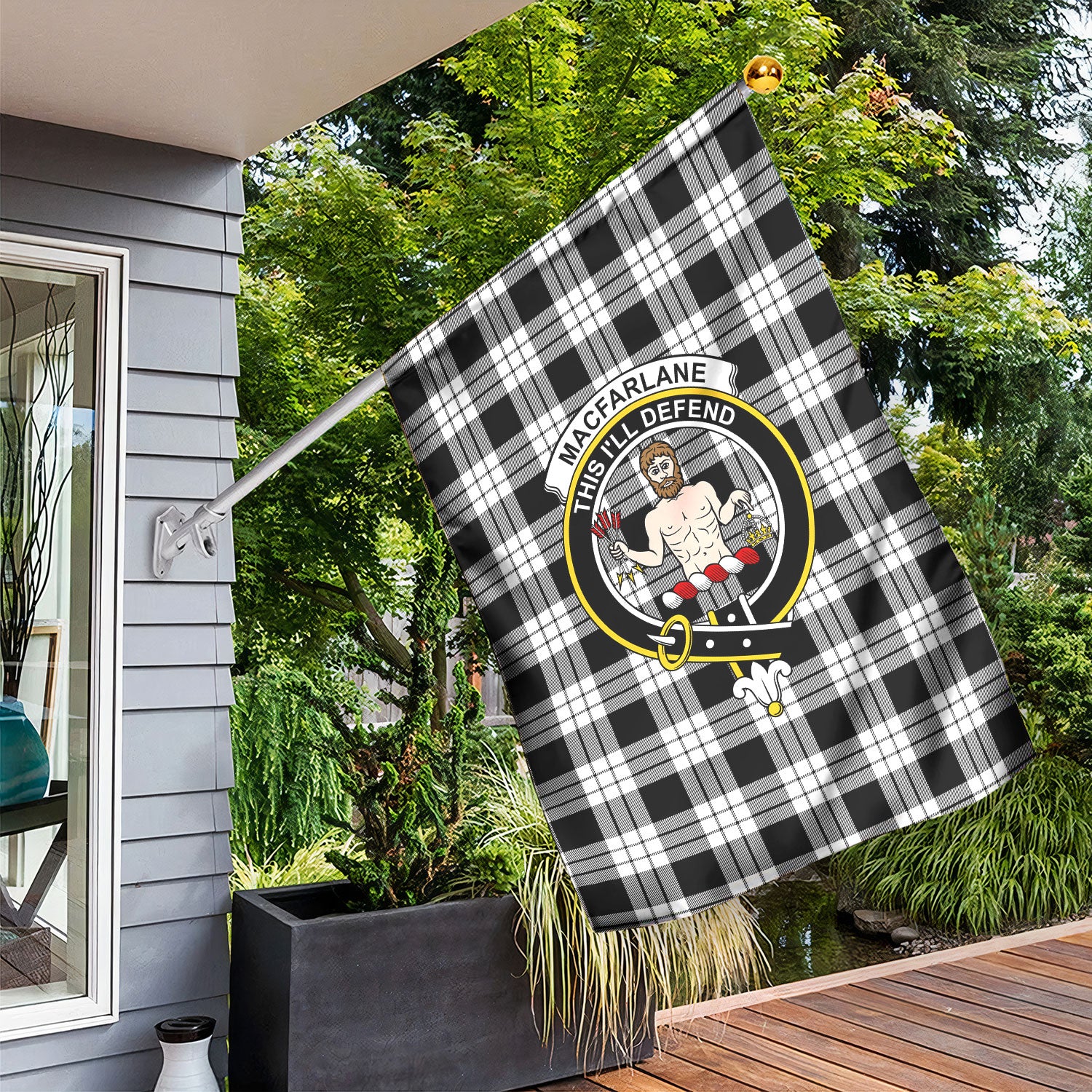 MacFarlane Black - White Tartan Crest Garden Flag