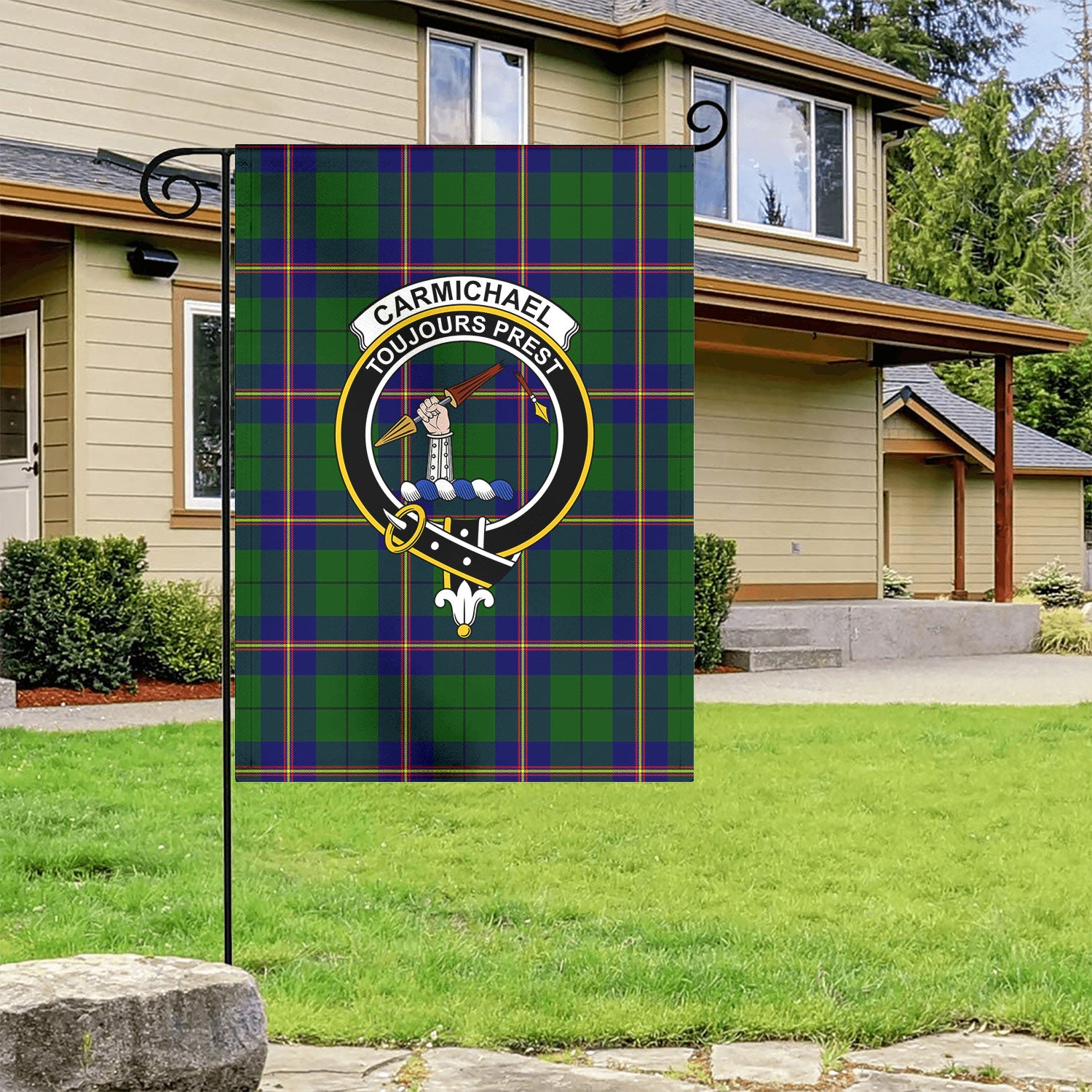 Carmichael Modern Tartan Crest Garden Flag