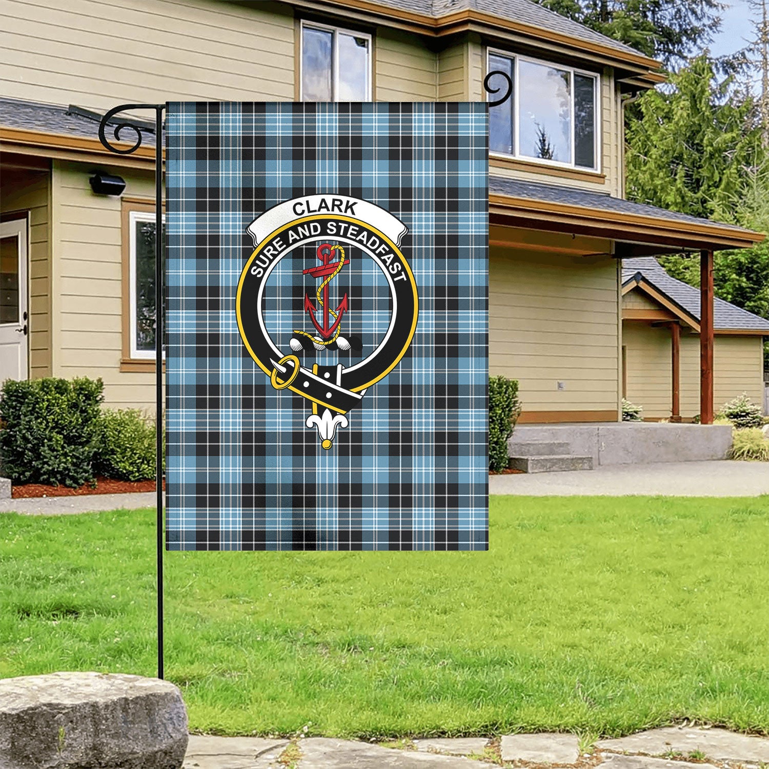 Clark Ancient Tartan Crest Garden Flag
