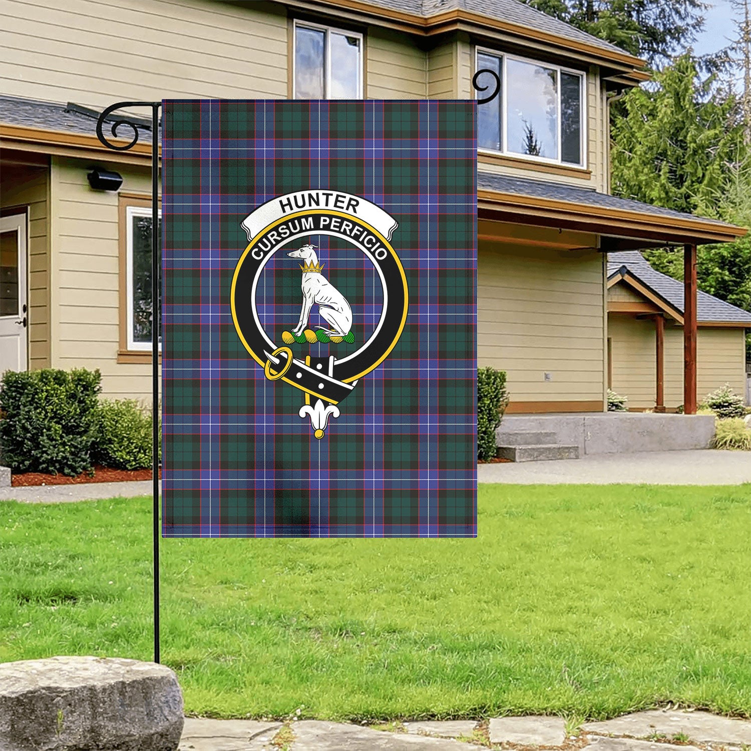 Hunter Modern Tartan Crest Garden Flag