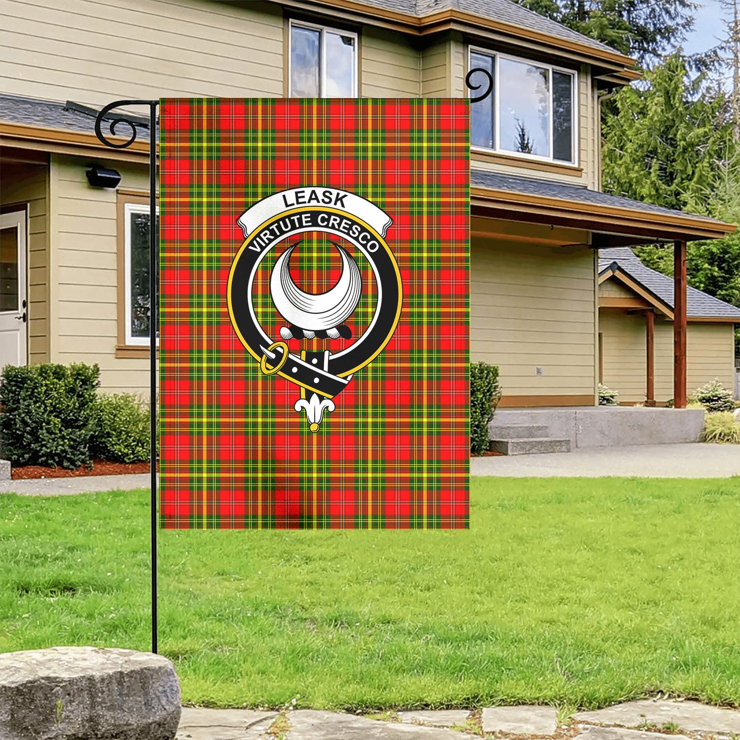 Leask Tartan Crest Garden Flag