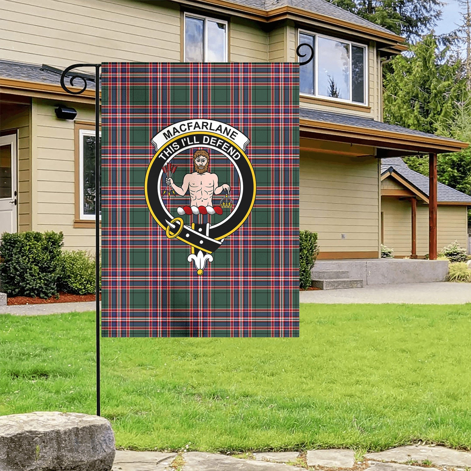 MacFarlane Hunting Modern Tartan Crest Garden Flag