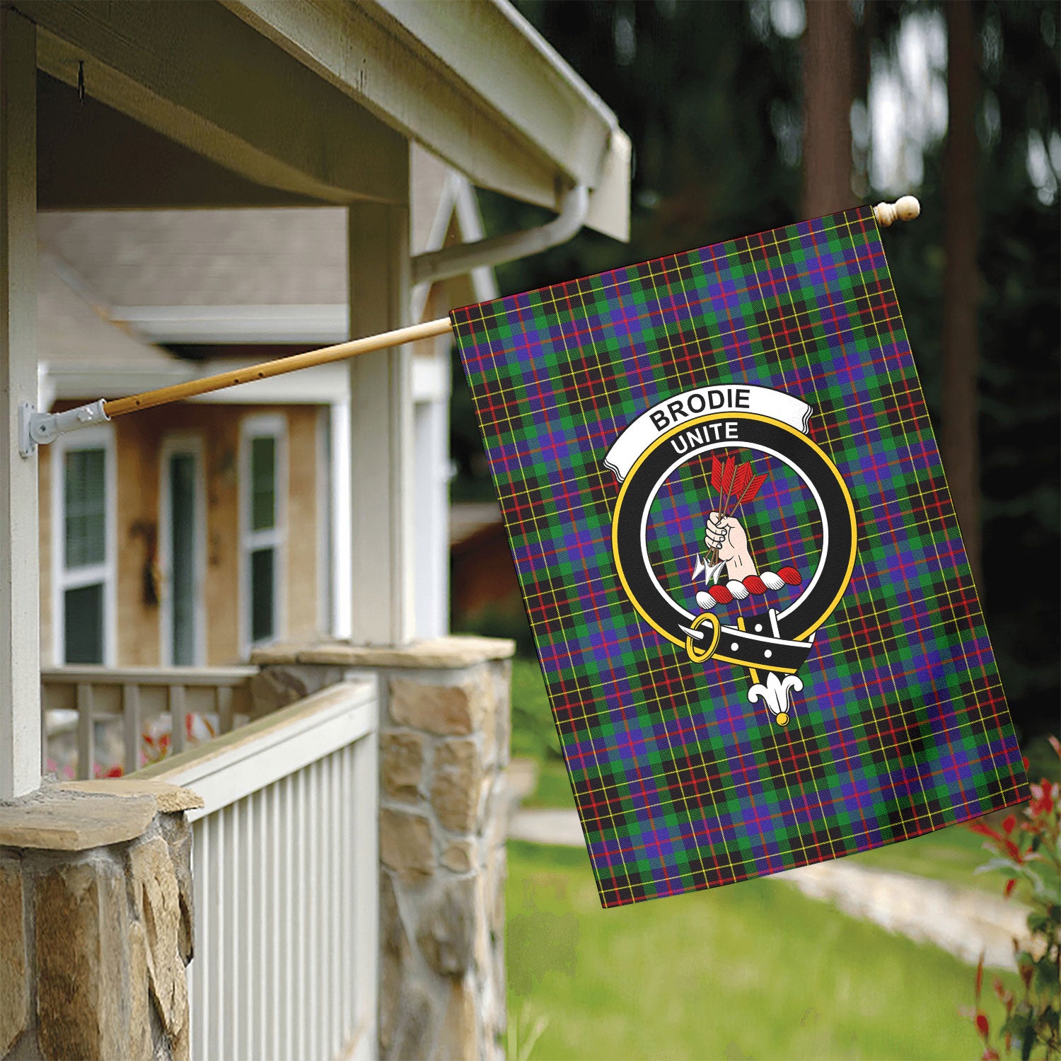Brodie Hunting Modern Tartan Crest Garden Flag