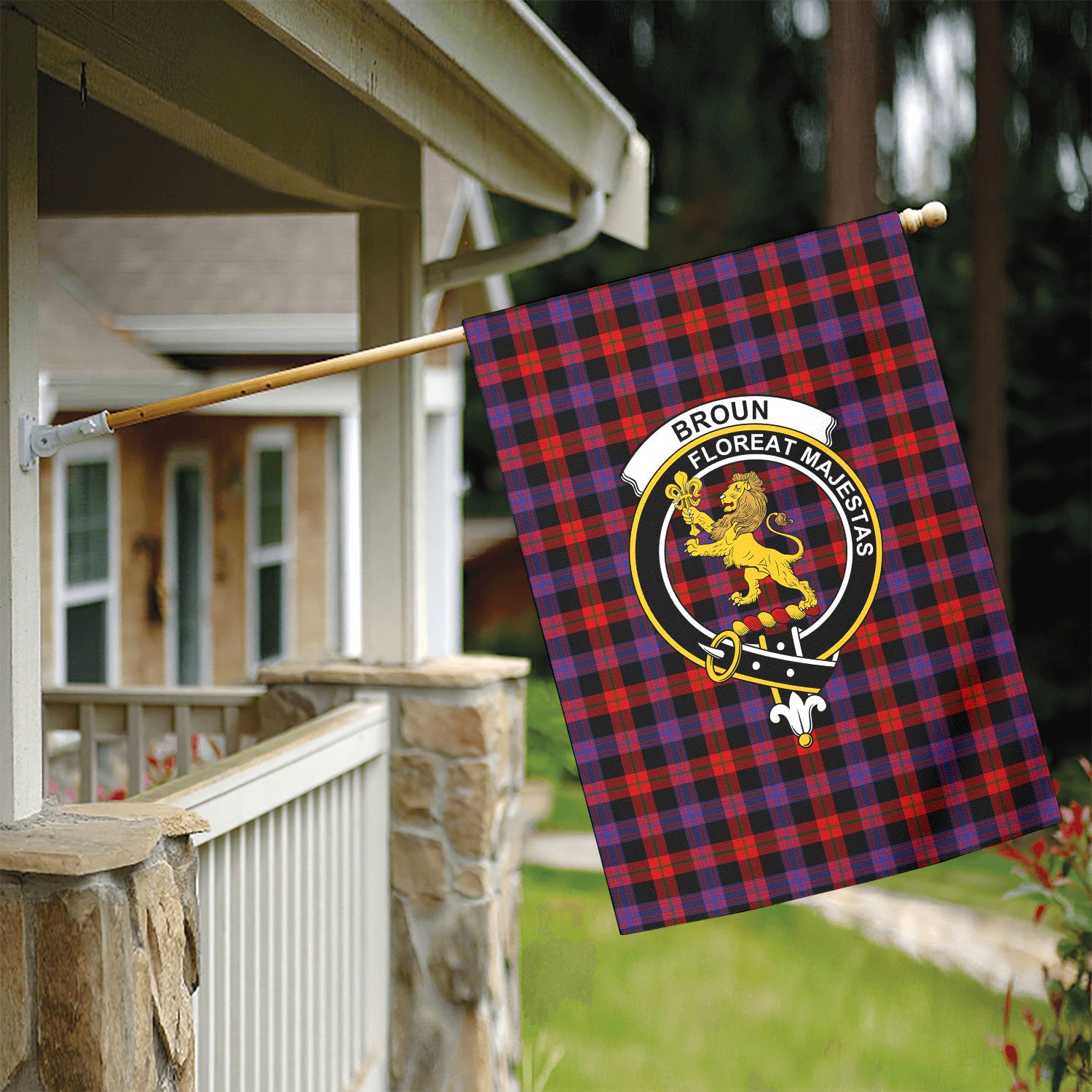 Broun Modern Tartan Crest Garden Flag