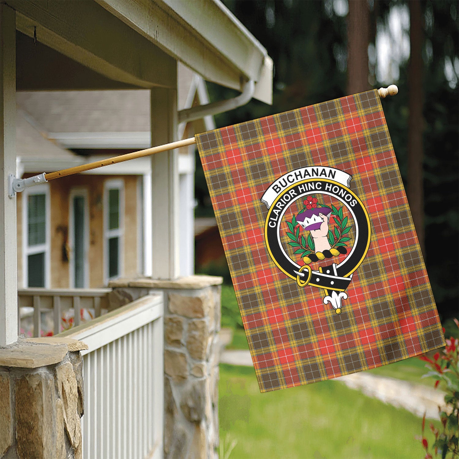 Buchanan Old Set Weathered Tartan Crest Garden Flag