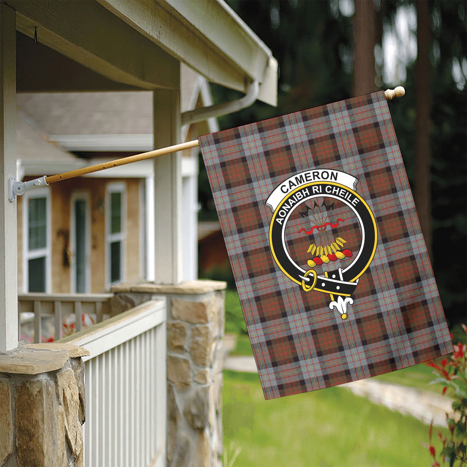 Cameron of Erracht Weathered Tartan Crest Garden Flag