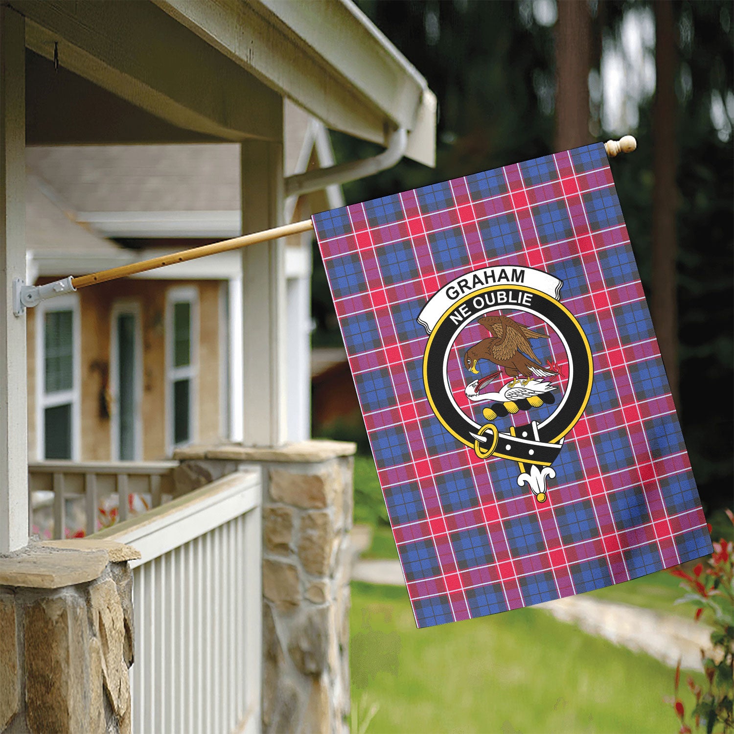 Graham of Menteith Red Tartan Crest Garden Flag