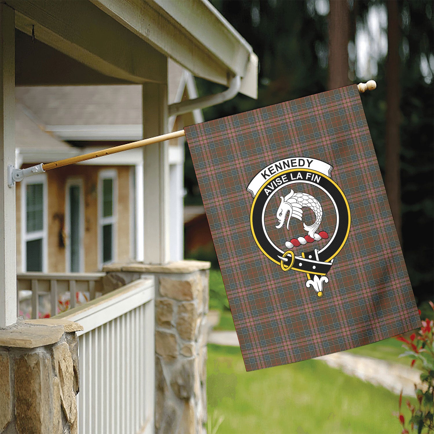 Kennedy Weathered Tartan Crest Garden Flag