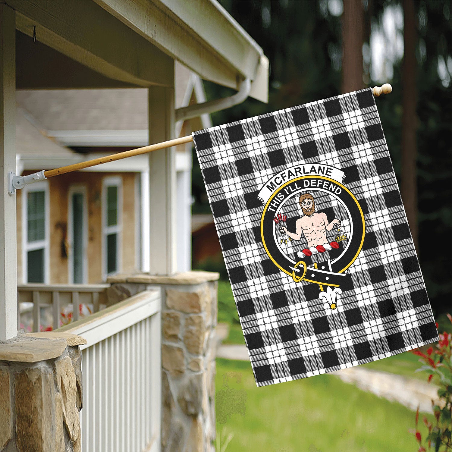 McFarlane Black - White Tartan Crest Garden Flag