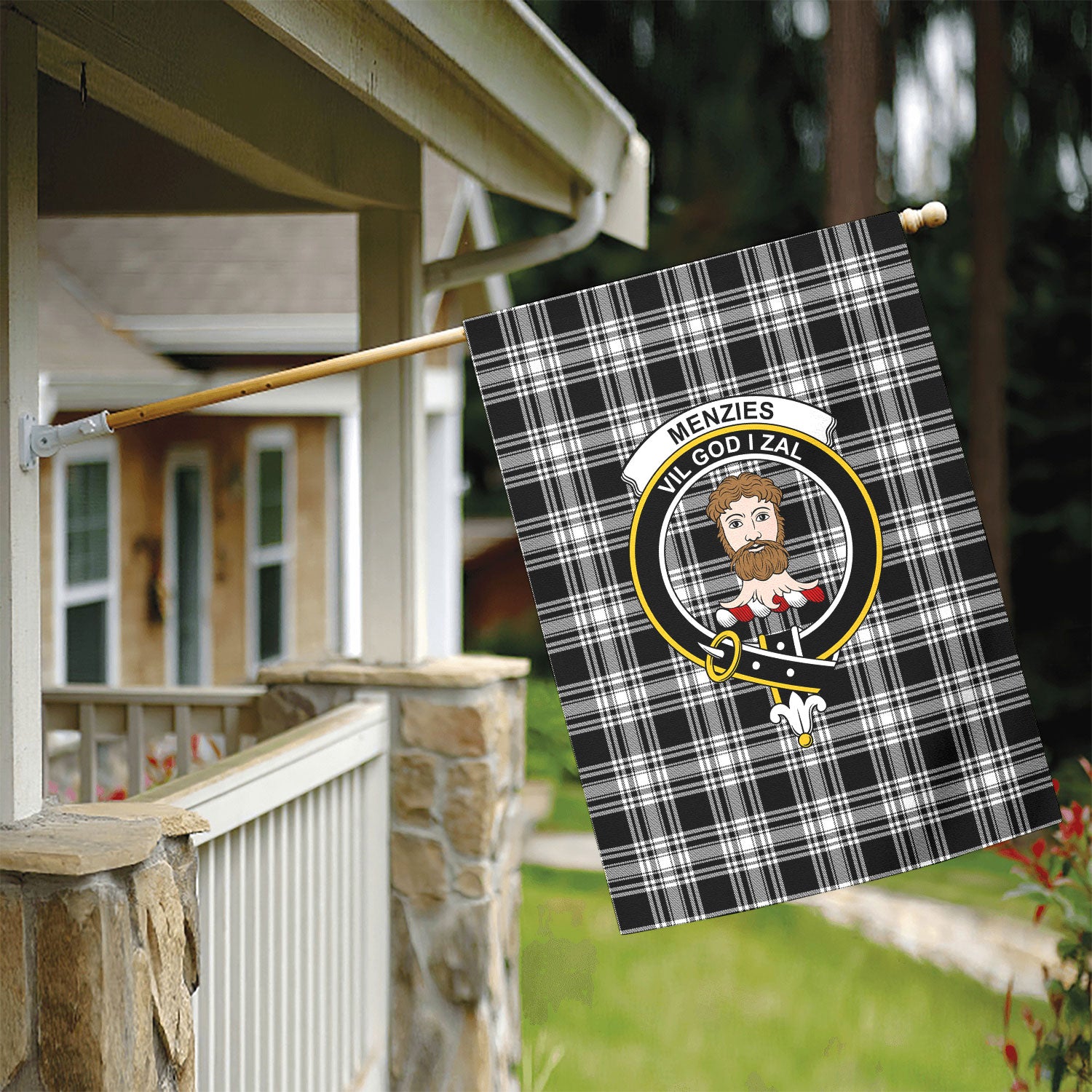 Menzies Black - White Modern Tartan Crest Garden Flag