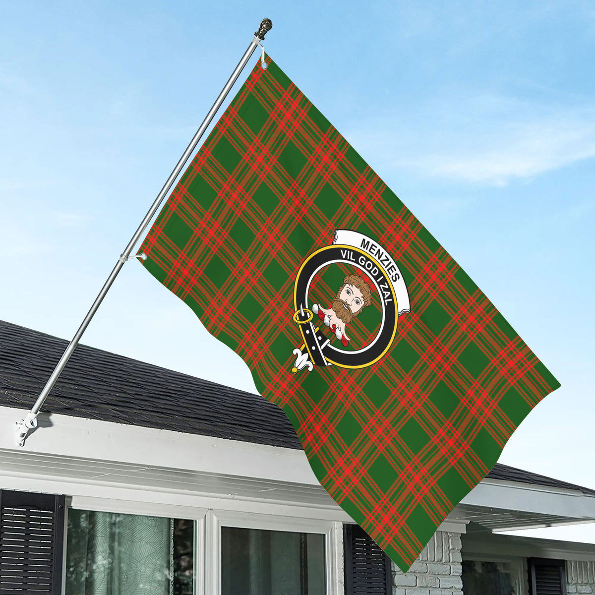 Menzies Green Modern Tartan Crest House Flag