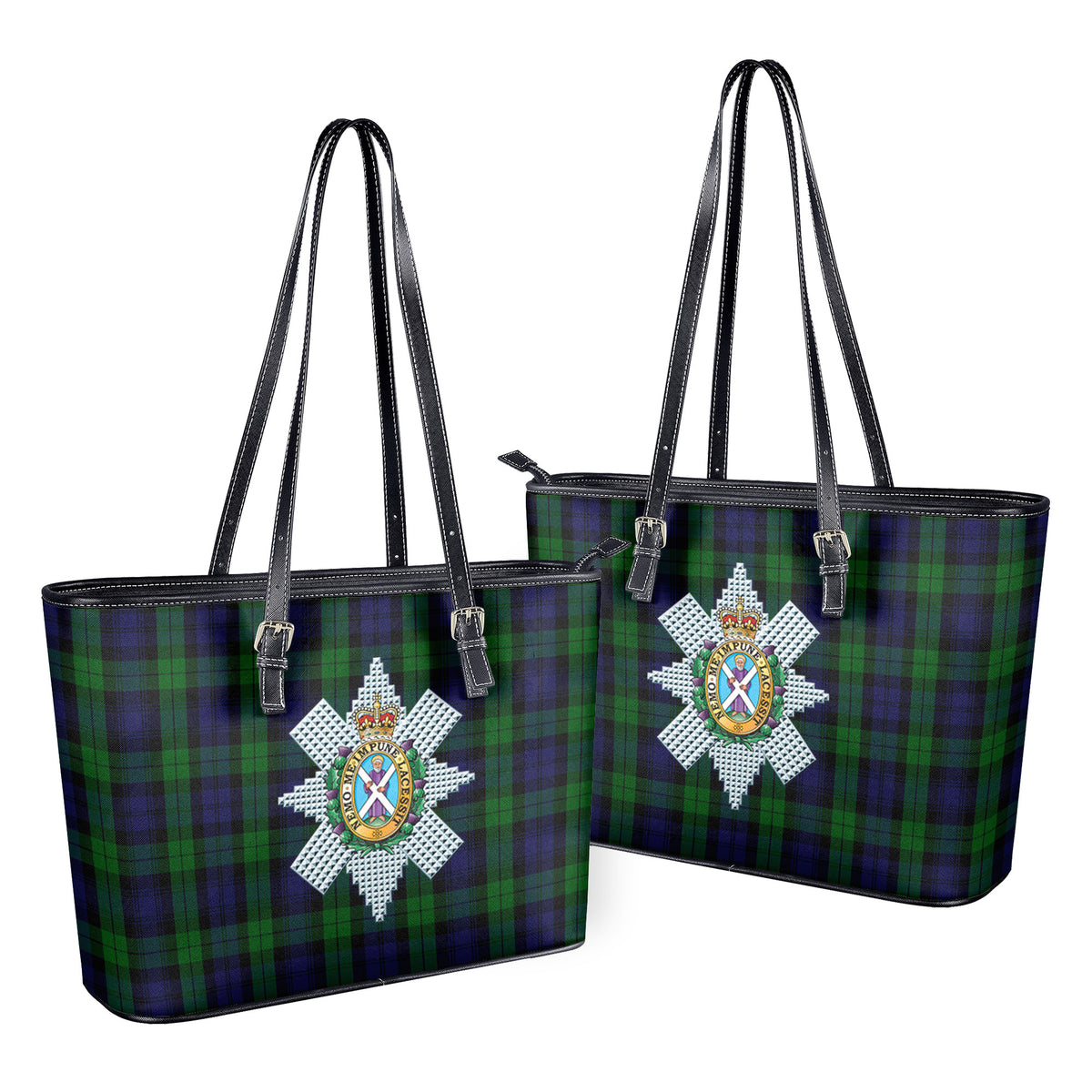 Black Watch Tartan Crest Leather Tote Bag