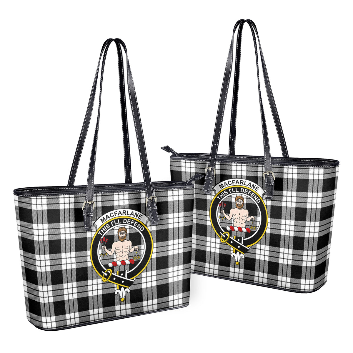 MacFarlane Black _ White Tartan Crest Leather Tote Bag