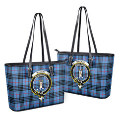 MacKay Blue Tartan Crest Leather Tote Bag