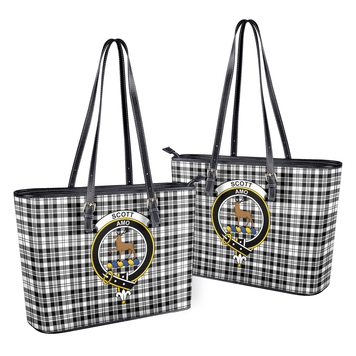 Scott Black & White Modern Tartan Crest Leather Tote Bag