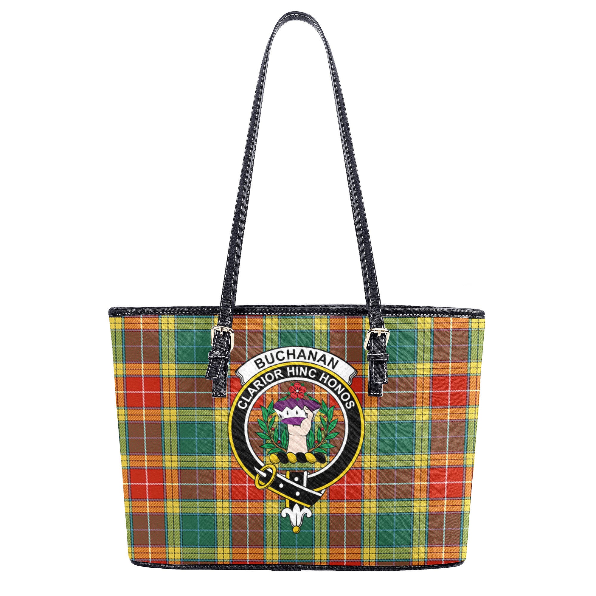 Buchanan Old Sett Tartan Crest Leather Tote Bag