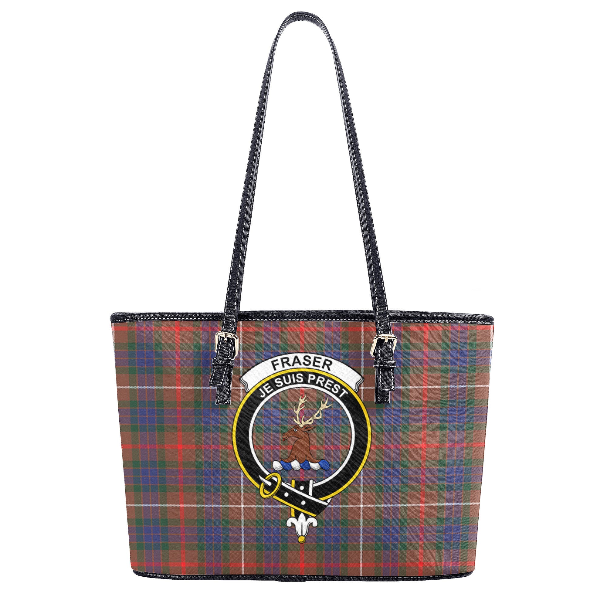 Fraser (of Lovat) Hunting Modern Tartan Crest Leather Tote Bag