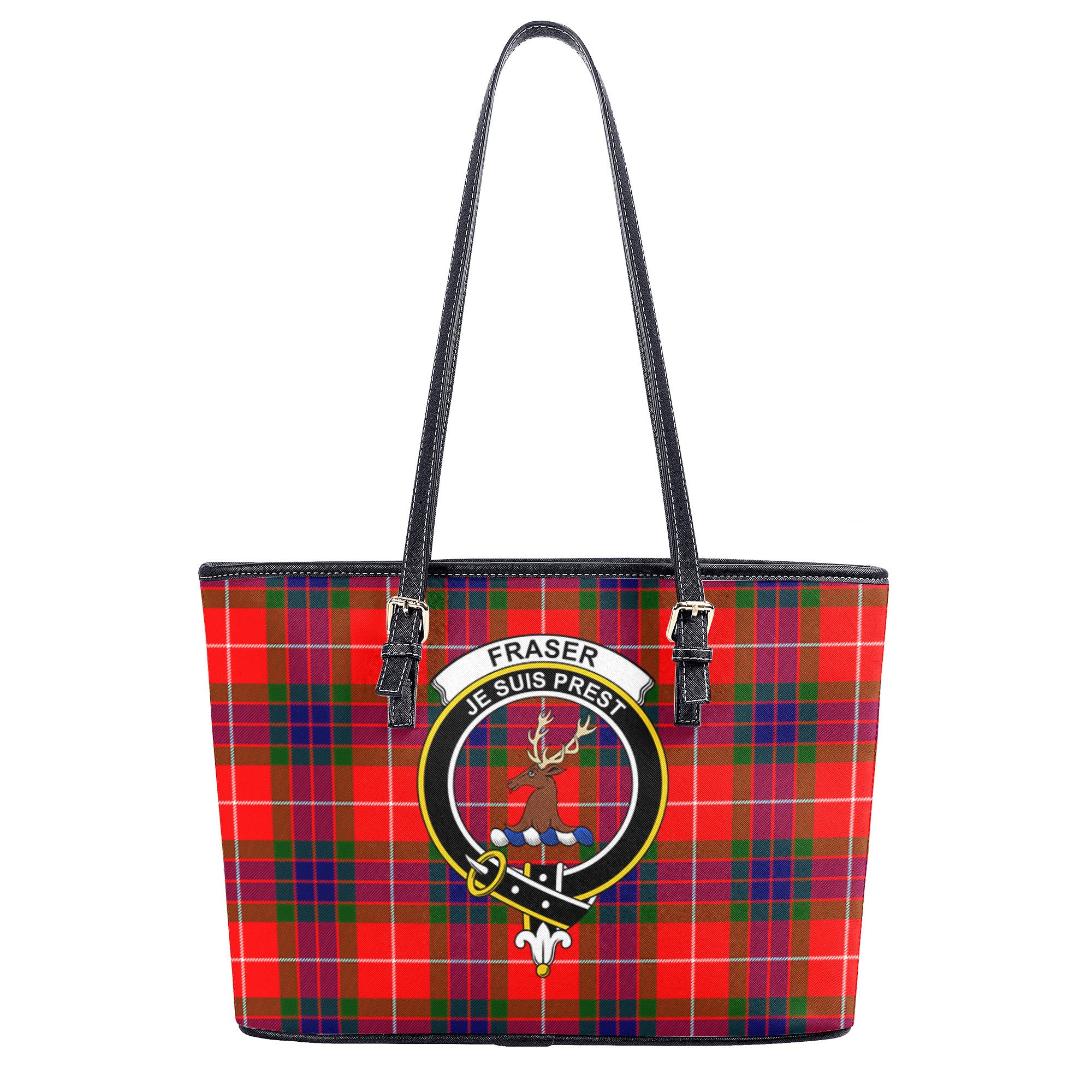 Fraser (of Lovat) Modern Tartan Crest Leather Tote Bag