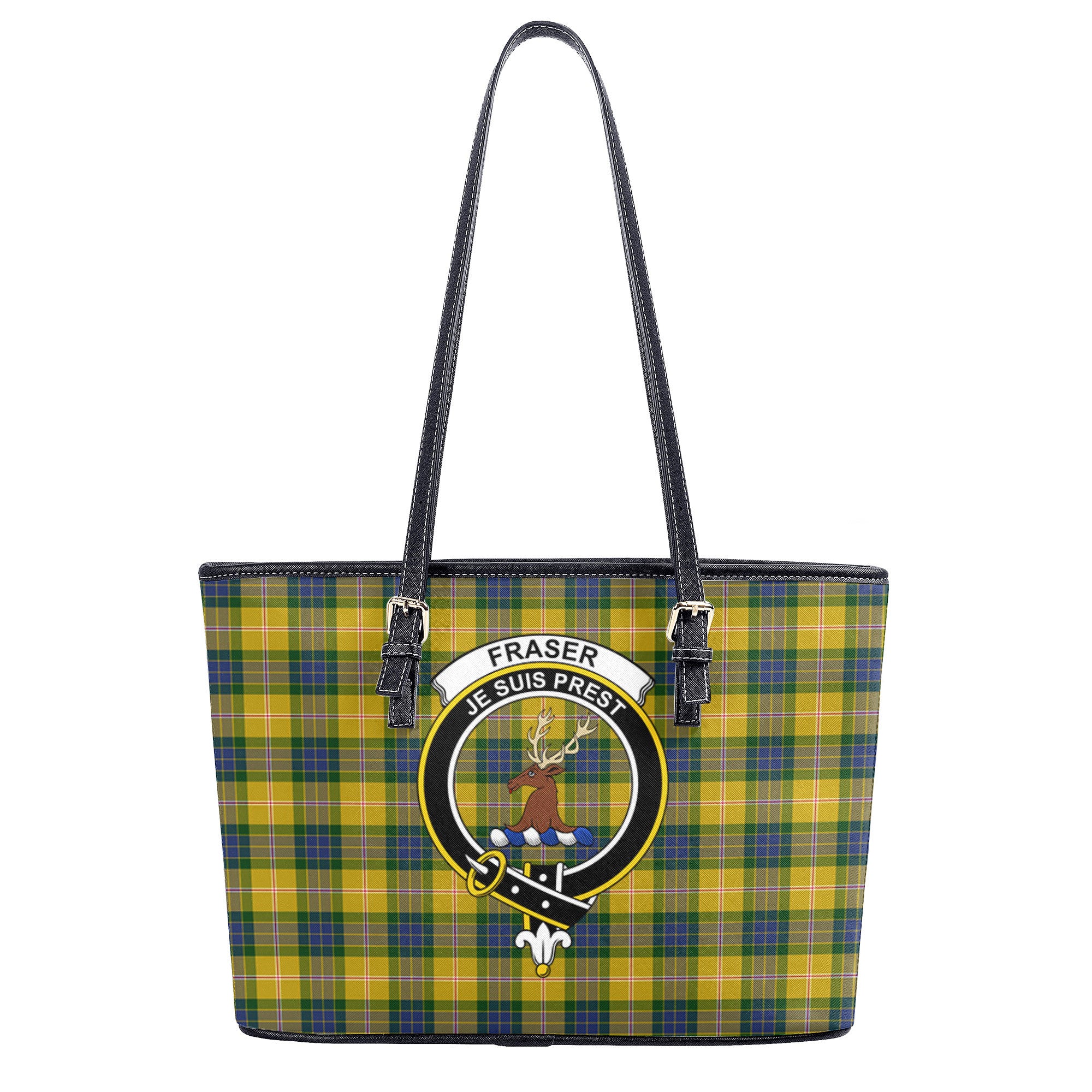 Fraser (of Lovat) Yellow Tartan Crest Leather Tote Bag