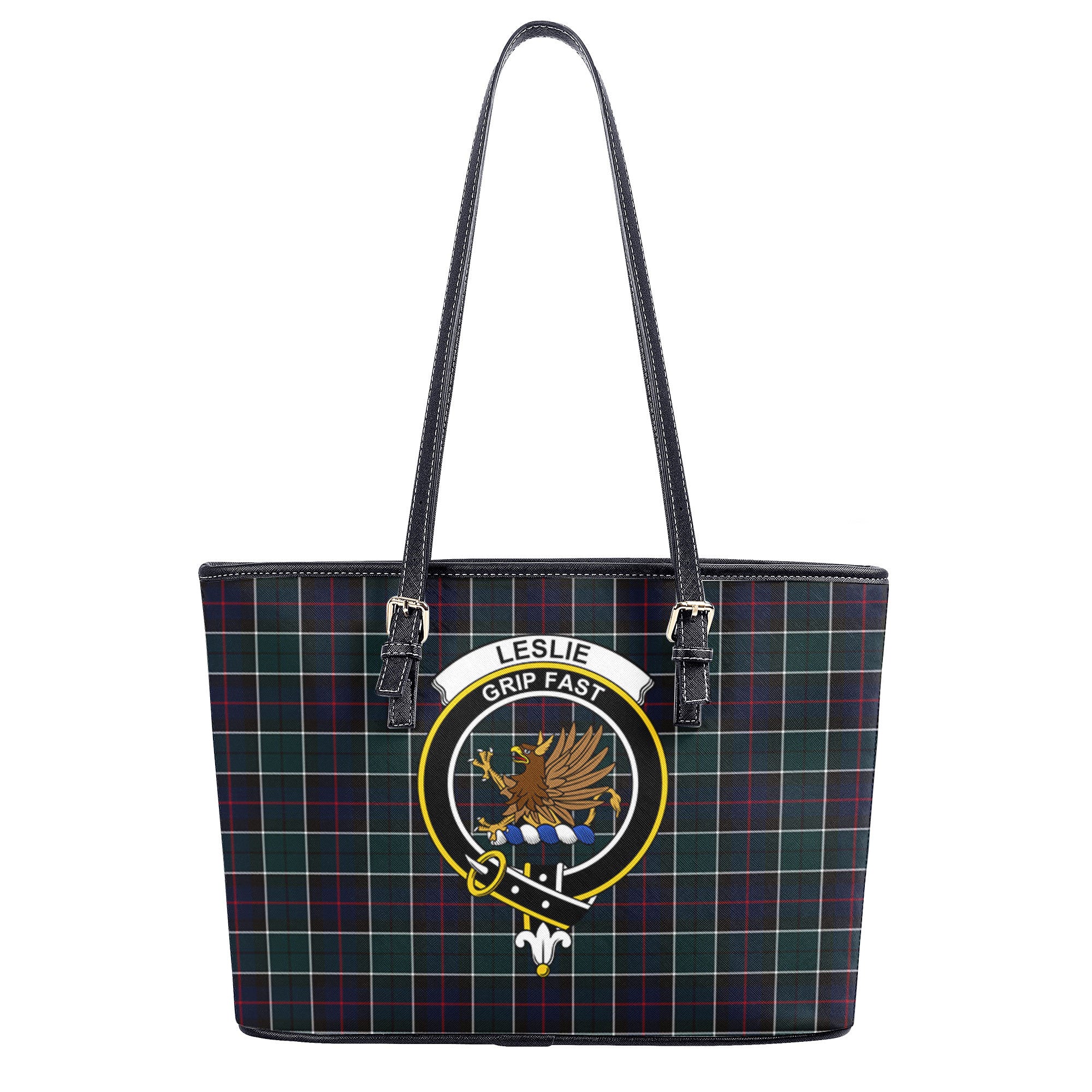 Leslie Hunting Modern Tartan Crest Leather Tote Bag