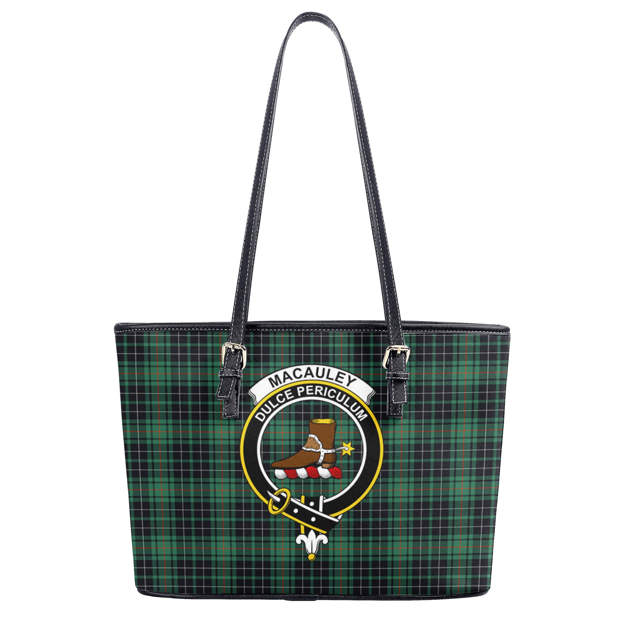 MacAuley Hunting Ancient Tartan Crest Leather Tote Bag