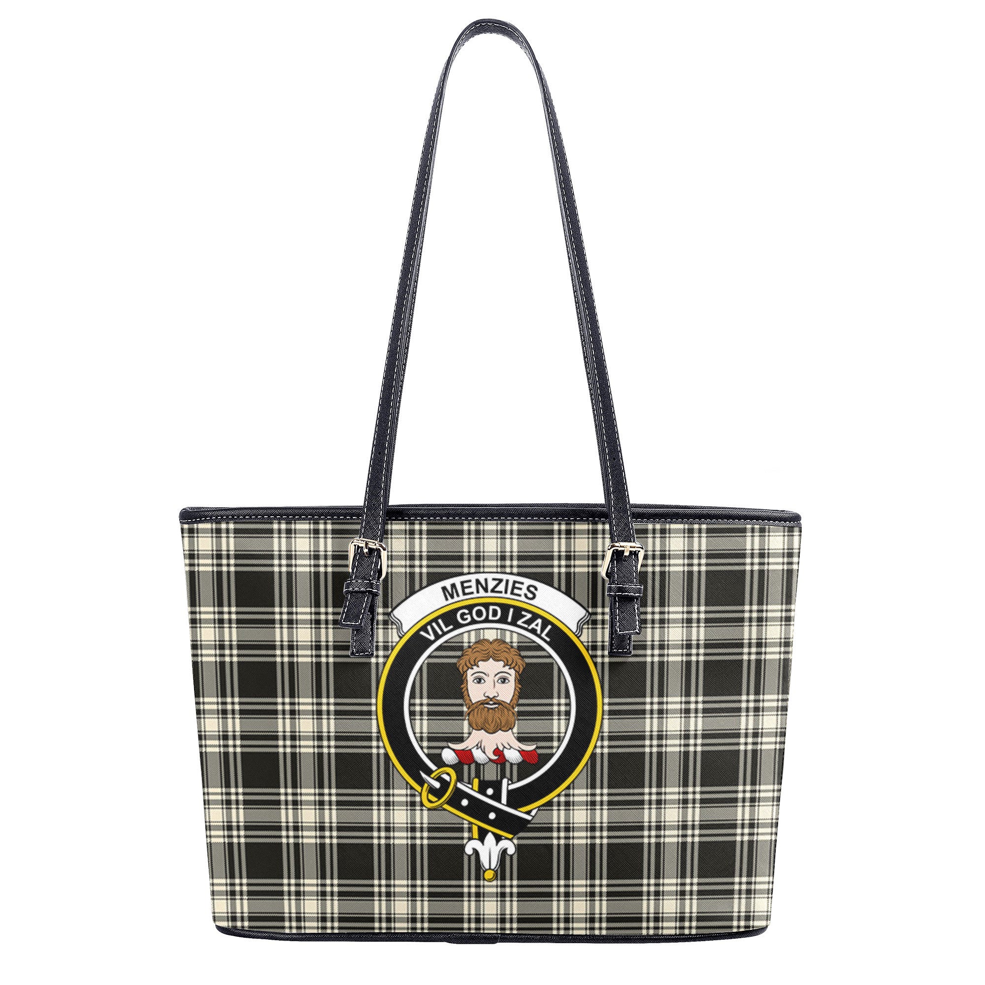 Menzies Black - White Ancient Tartan Crest Leather Tote Bag