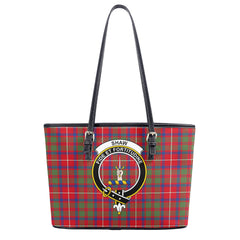 Shaw Red Modern Tartan Crest Leather Tote Bag