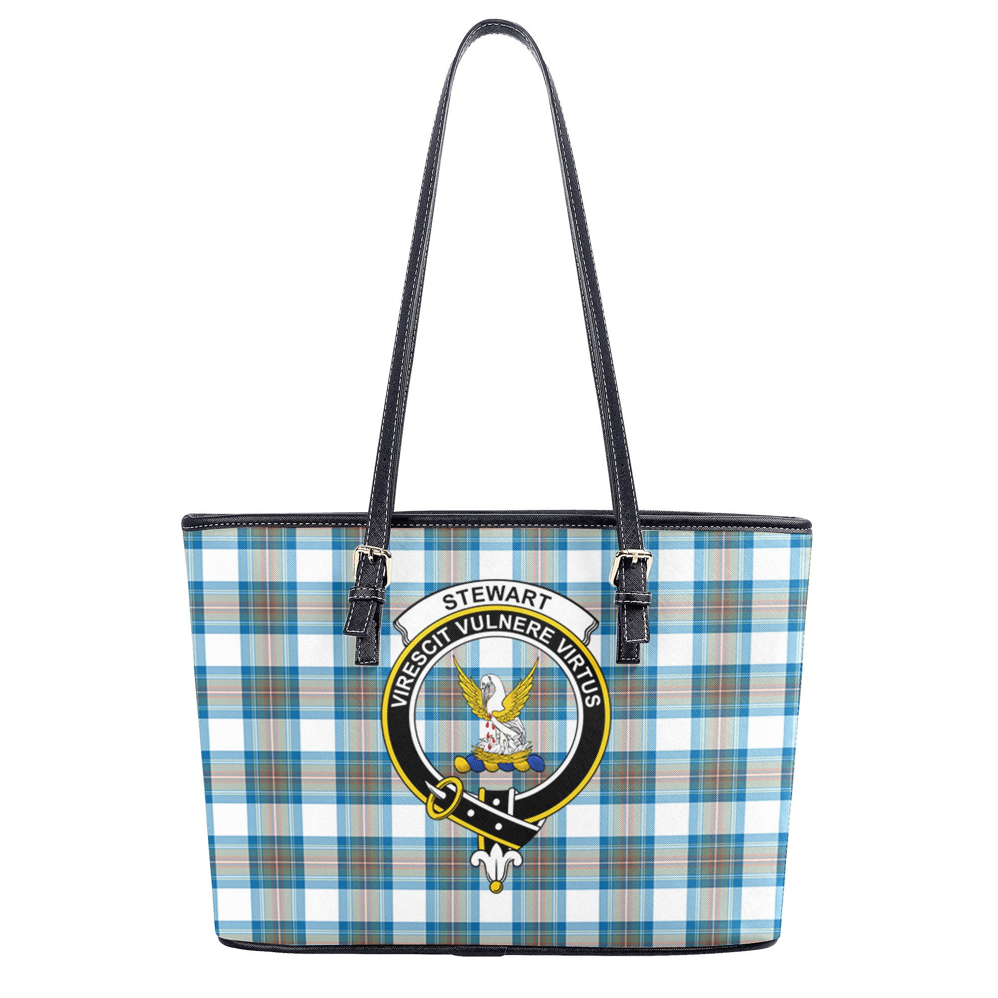 Stewart Muted Blue Tartan Crest Leather Tote Bag