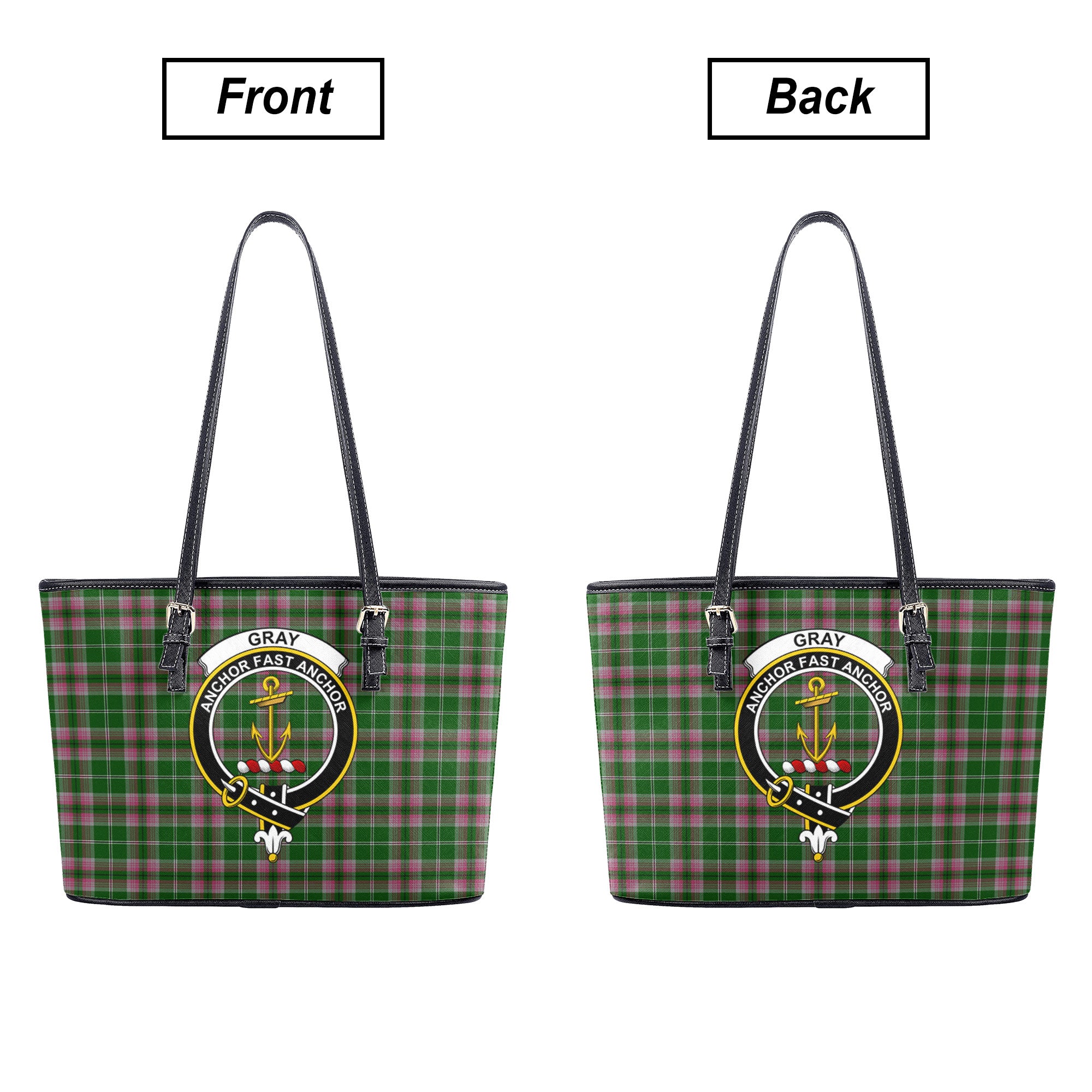 Gray Hunting Tartan Crest Leather Tote Bag