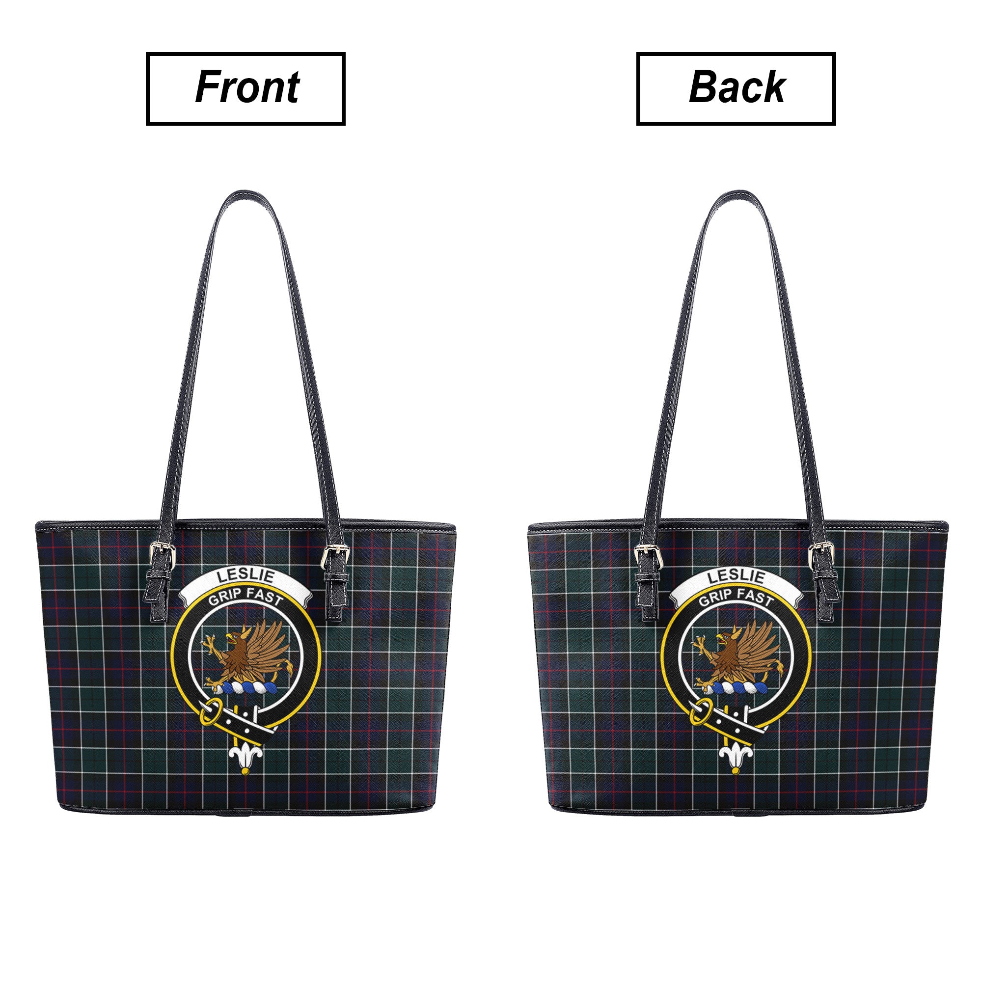 Leslie Hunting Modern Tartan Crest Leather Tote Bag