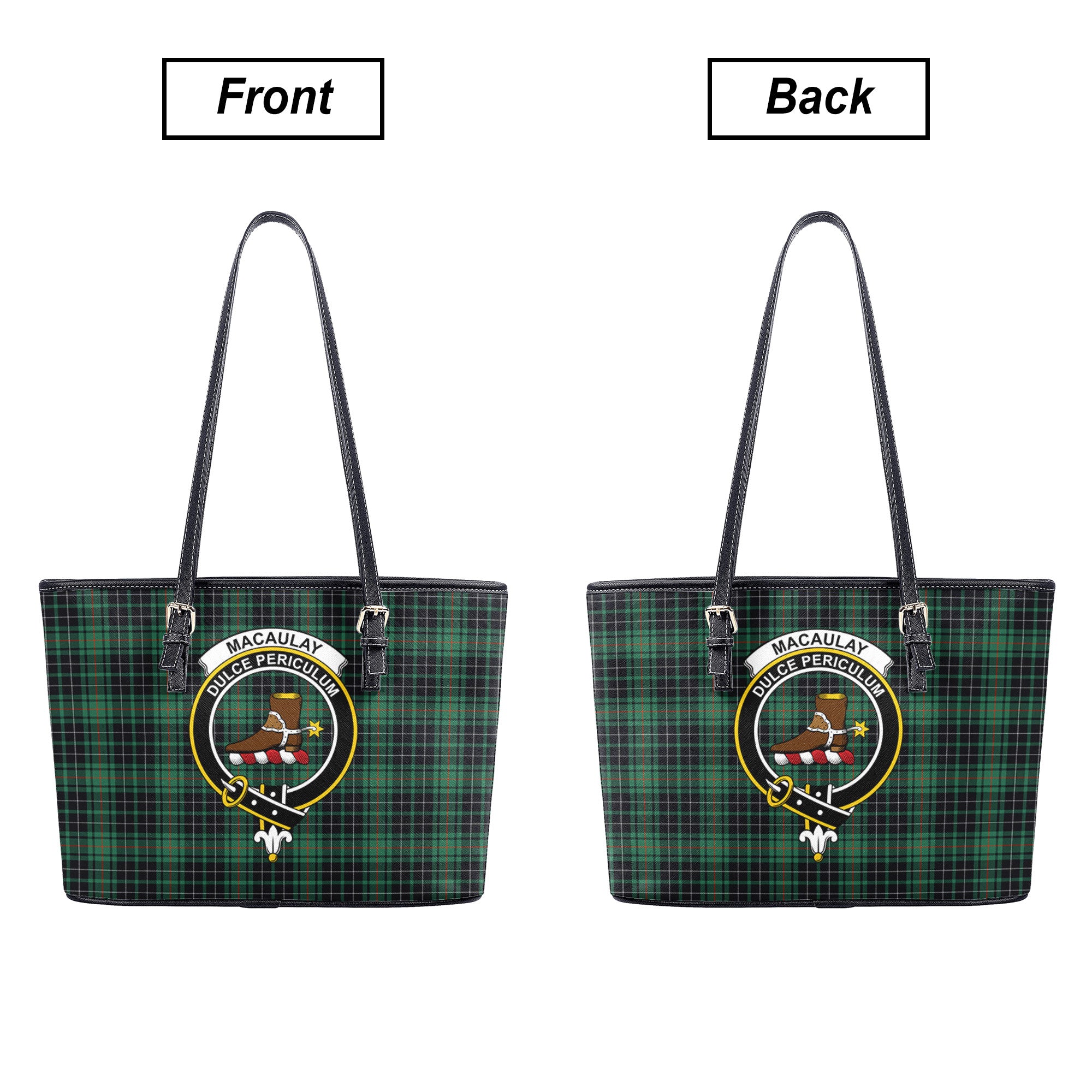 MacAulay Hunting Ancient Tartan Crest Leather Tote Bag